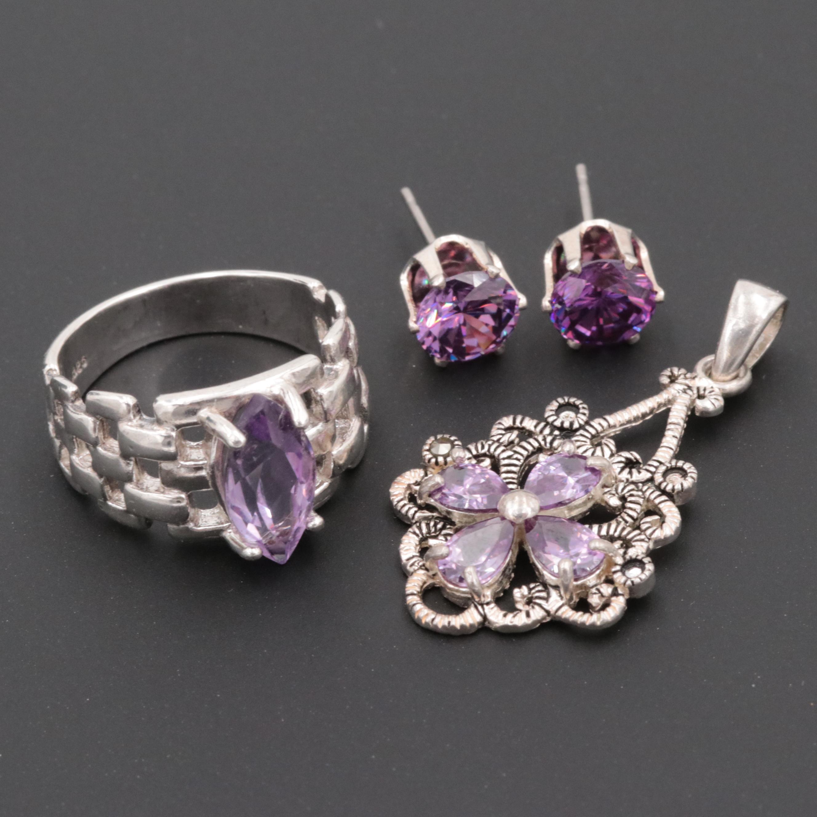 Sterling Sterling Gemstone Ring and Pendant with Silver Tone Earrings