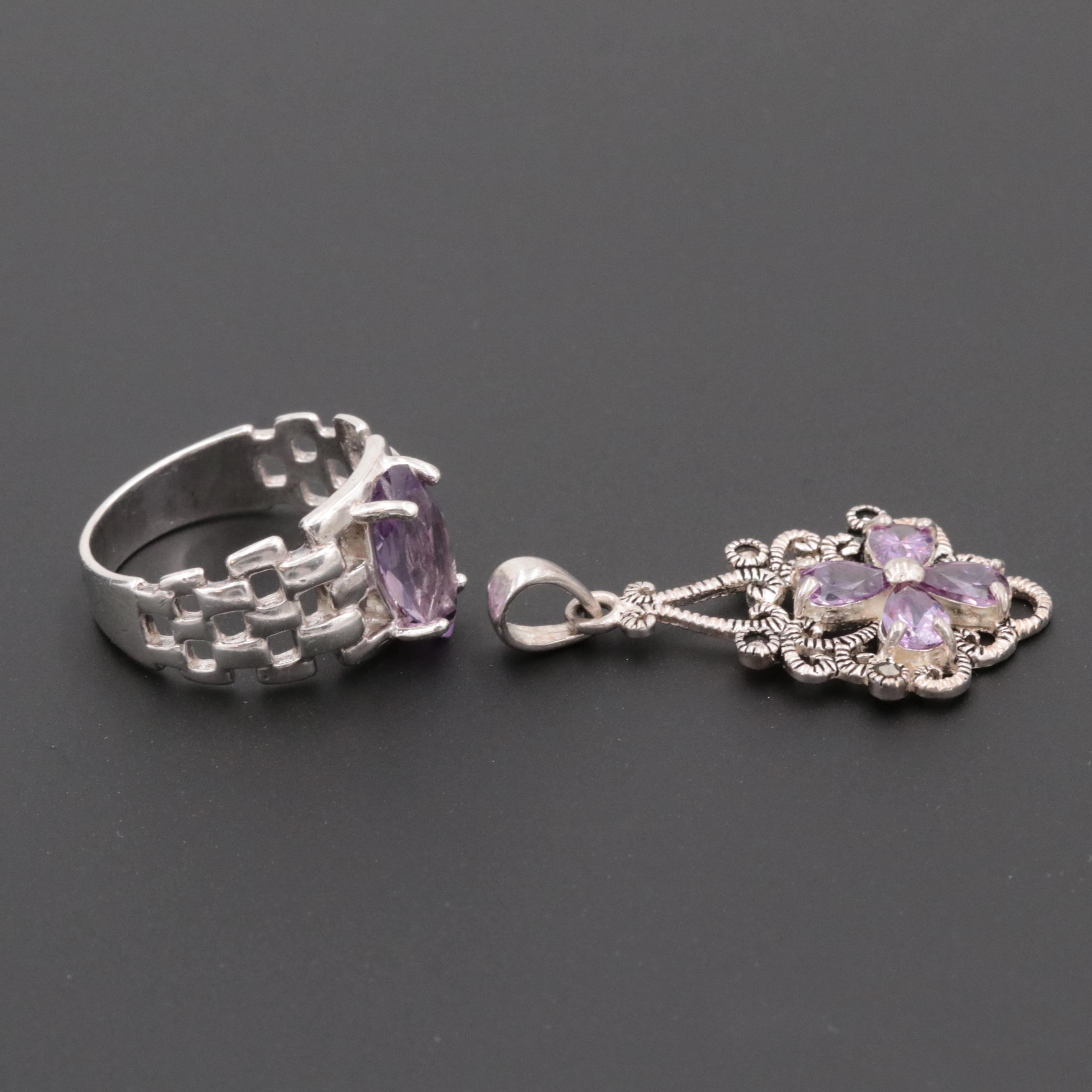 Sterling Sterling Gemstone Ring and Pendant with Silver Tone Earrings