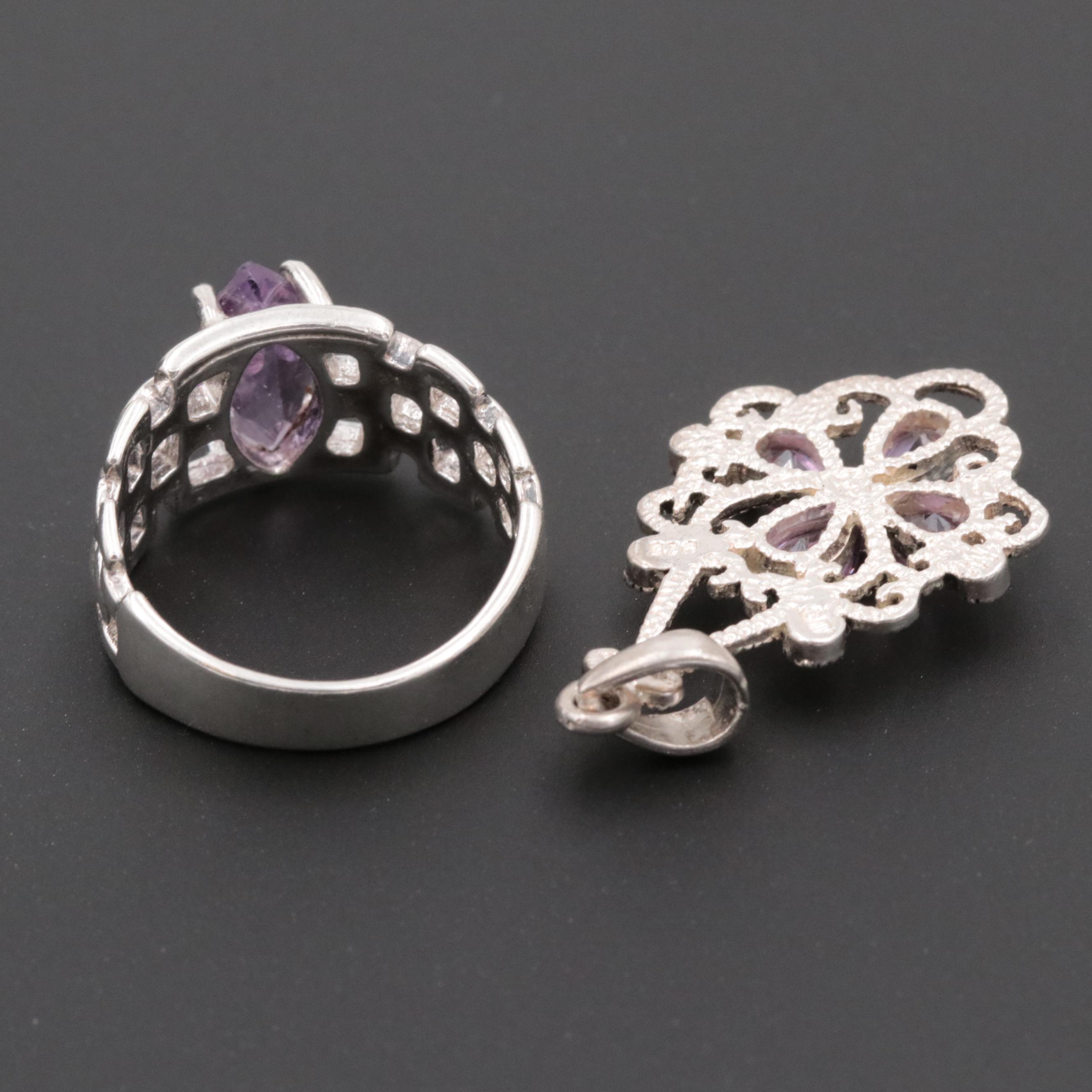 Sterling Sterling Gemstone Ring and Pendant with Silver Tone Earrings