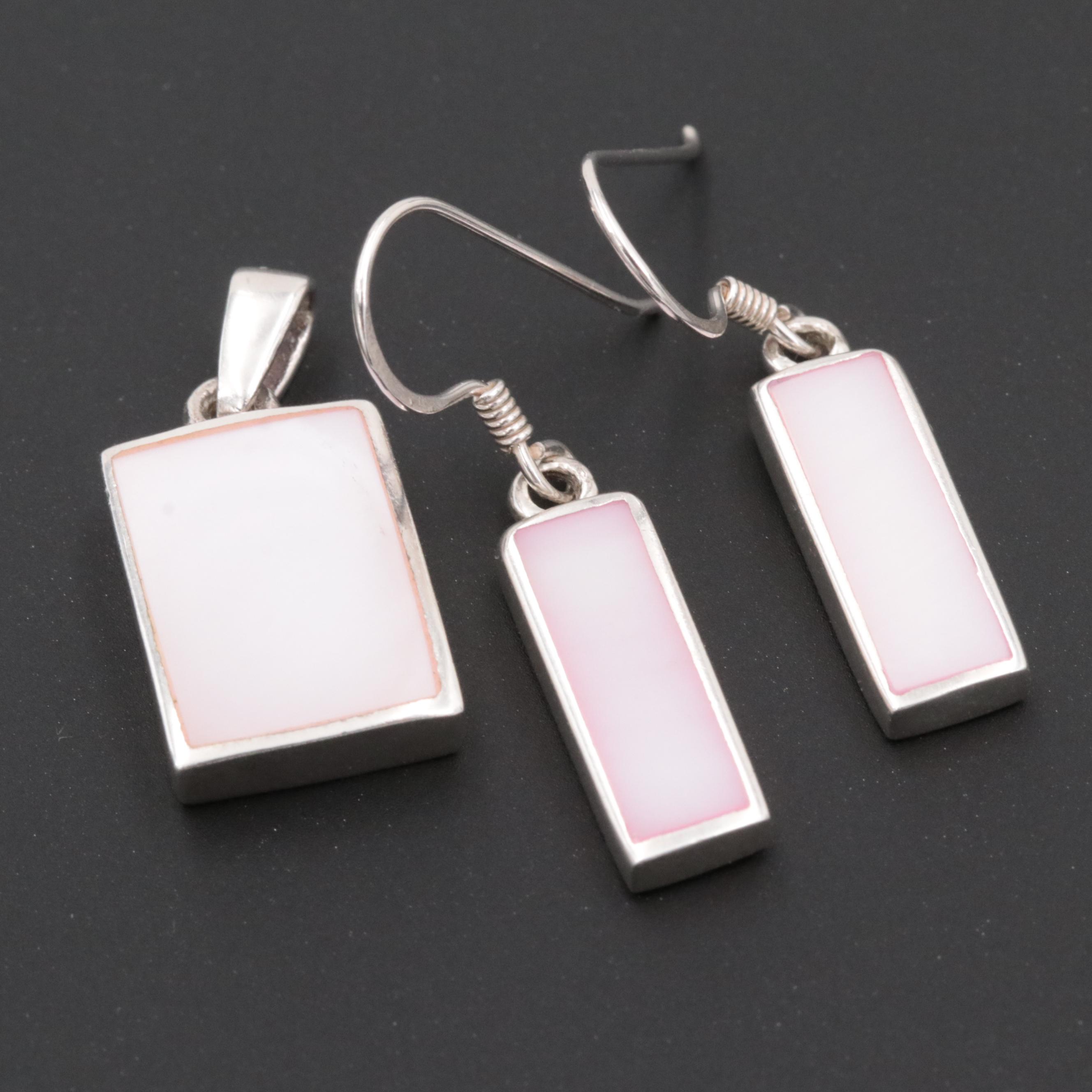 Sterling Silver Mother of Pearl Pendant and Dangle Earring Set