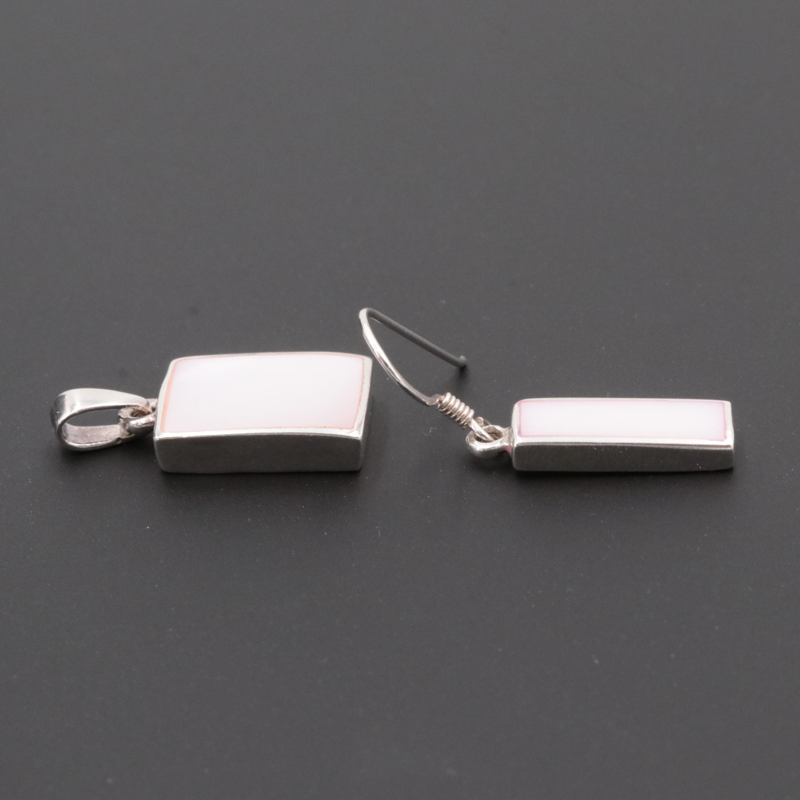 Sterling Silver Mother of Pearl Pendant and Dangle Earring Set