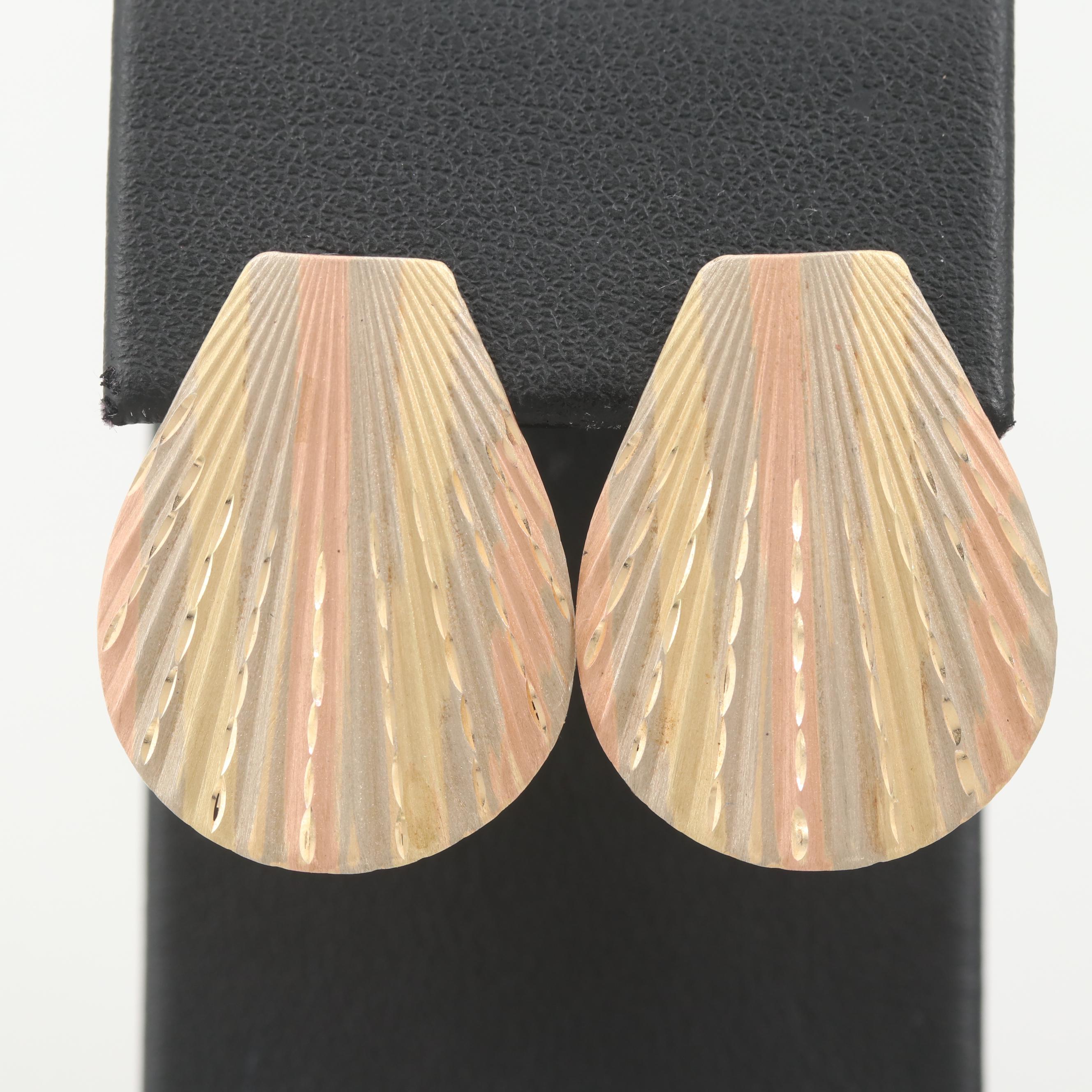 14K Tri-Color Gold Ribbed Drop Earrings