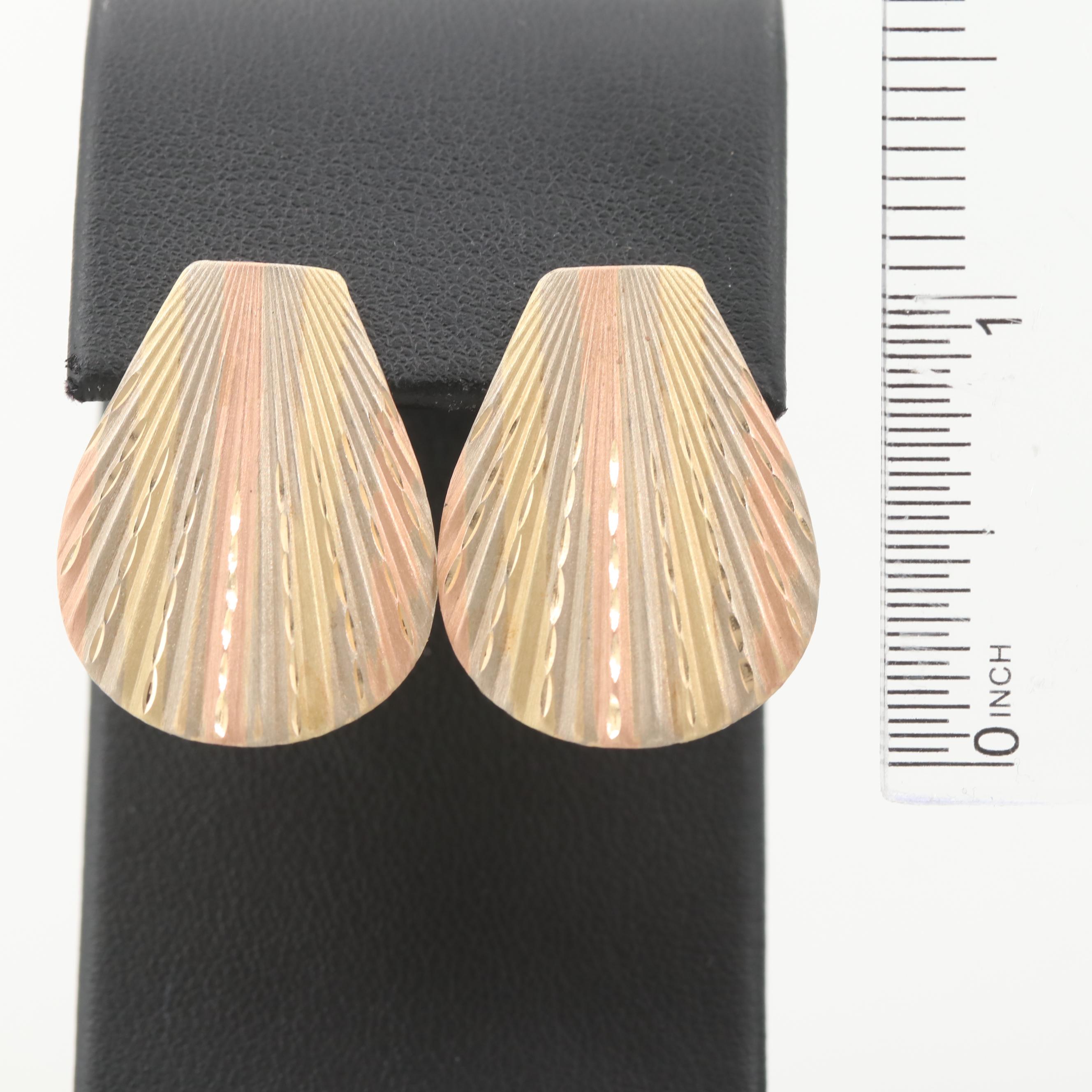 14K Tri-Color Gold Ribbed Drop Earrings