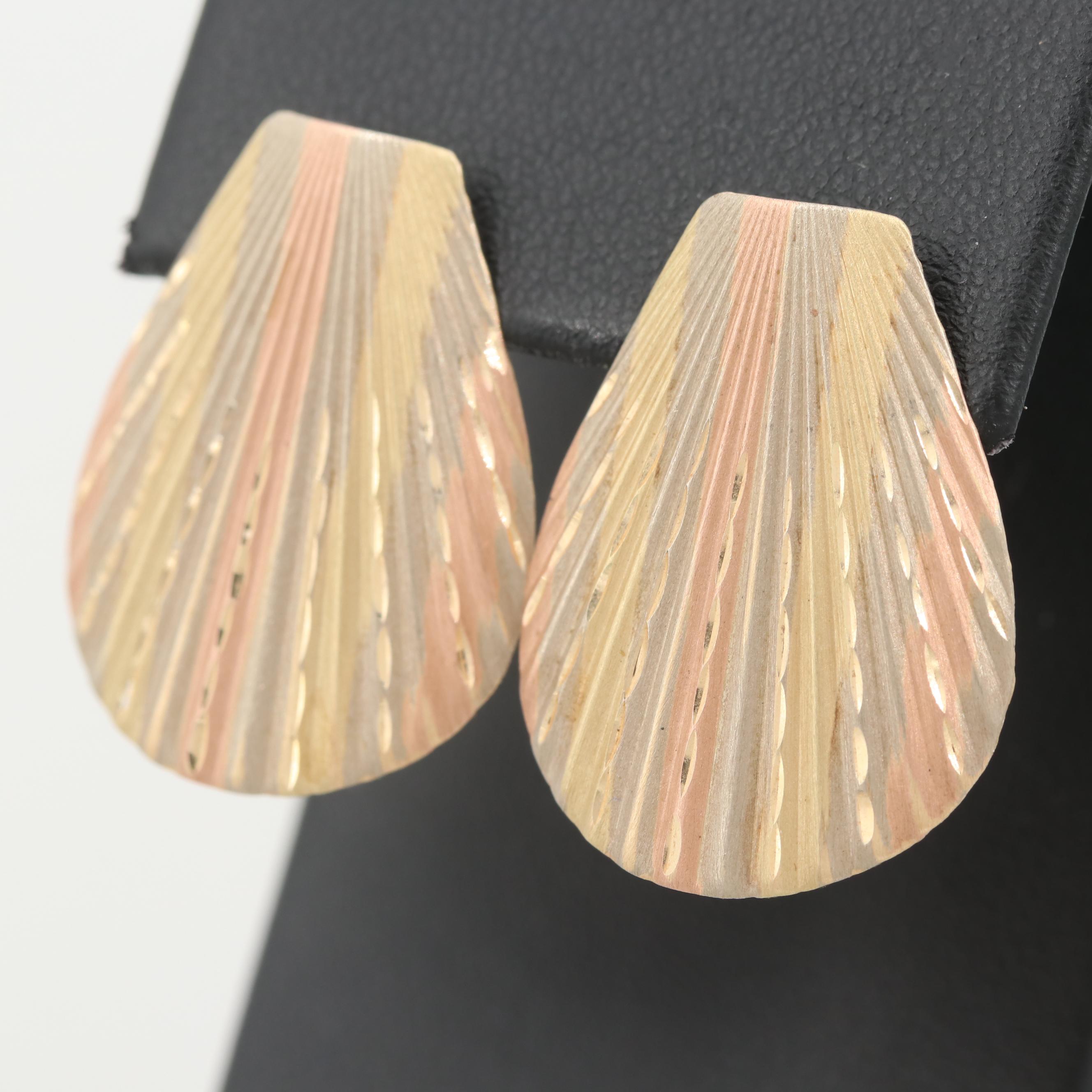 14K Tri-Color Gold Ribbed Drop Earrings