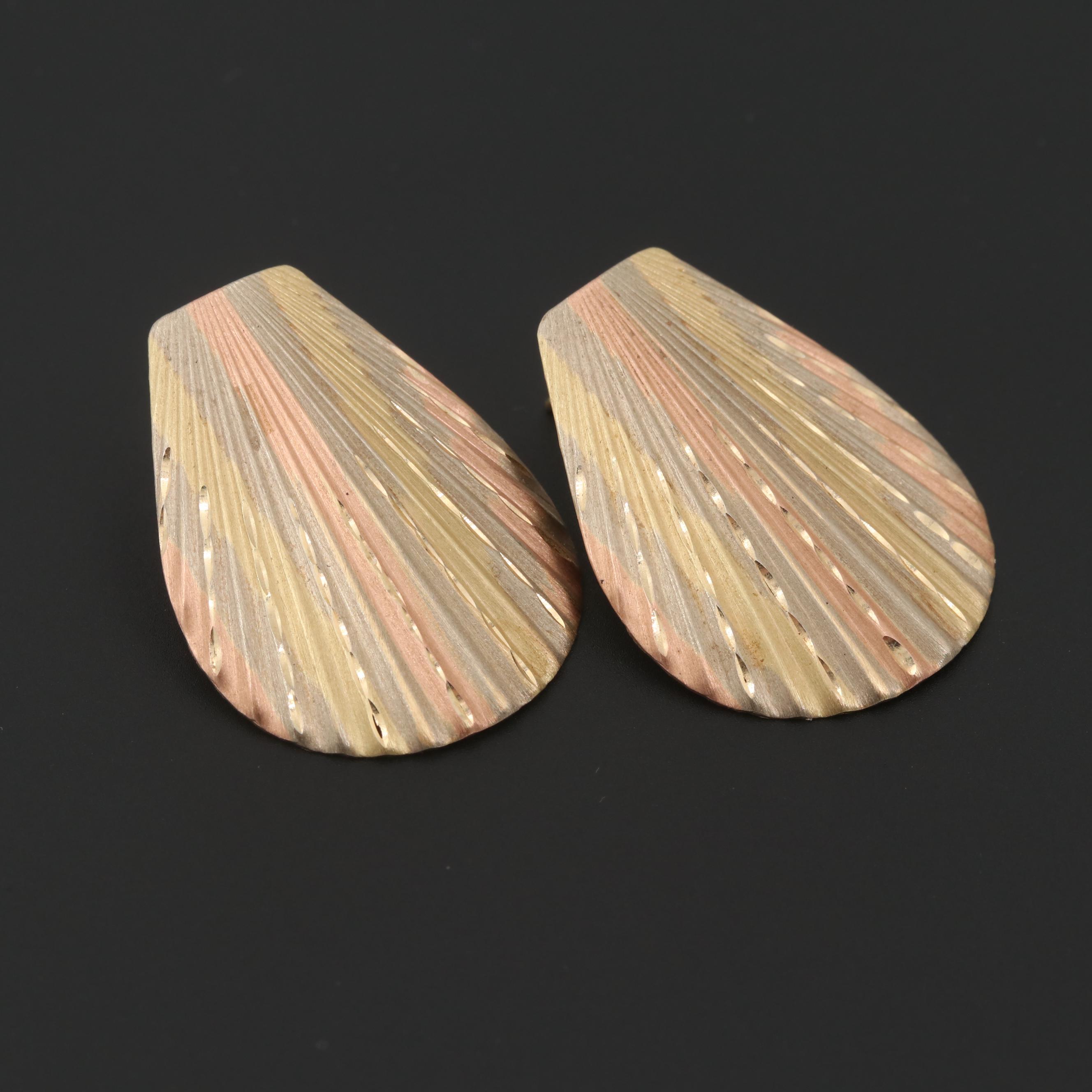 14K Tri-Color Gold Ribbed Drop Earrings