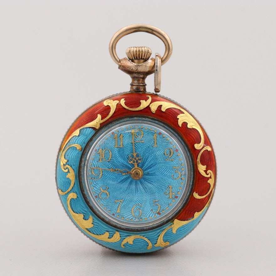 Vintage Swiss Gold Wash on Sterling Silver and Enamel Open Face Pocket Watch