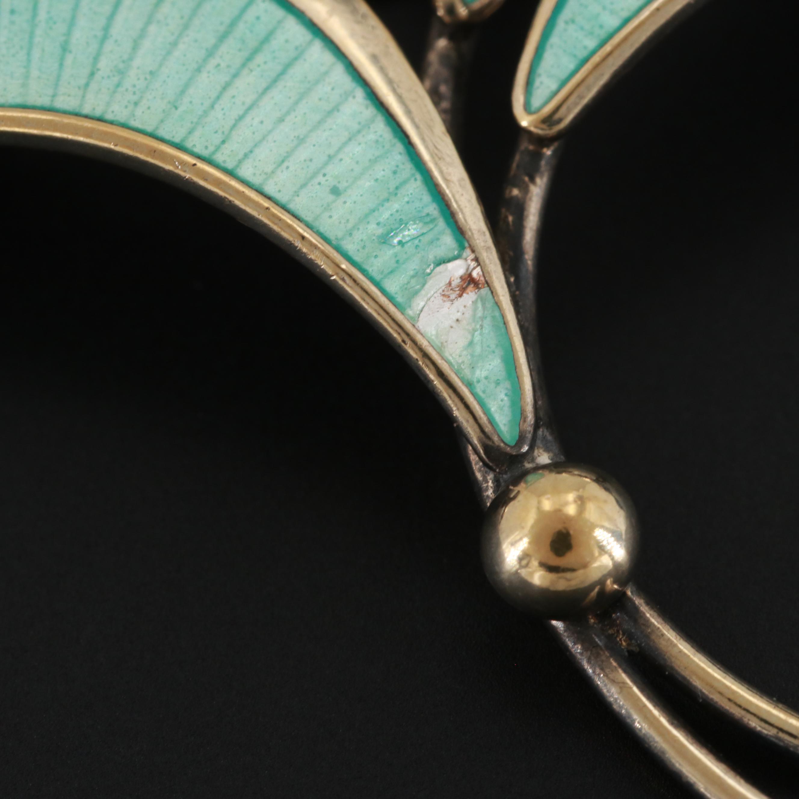 Vintage Danish Jemax Gold Wash on Sterling Silver Guilloché Enamel Brooch