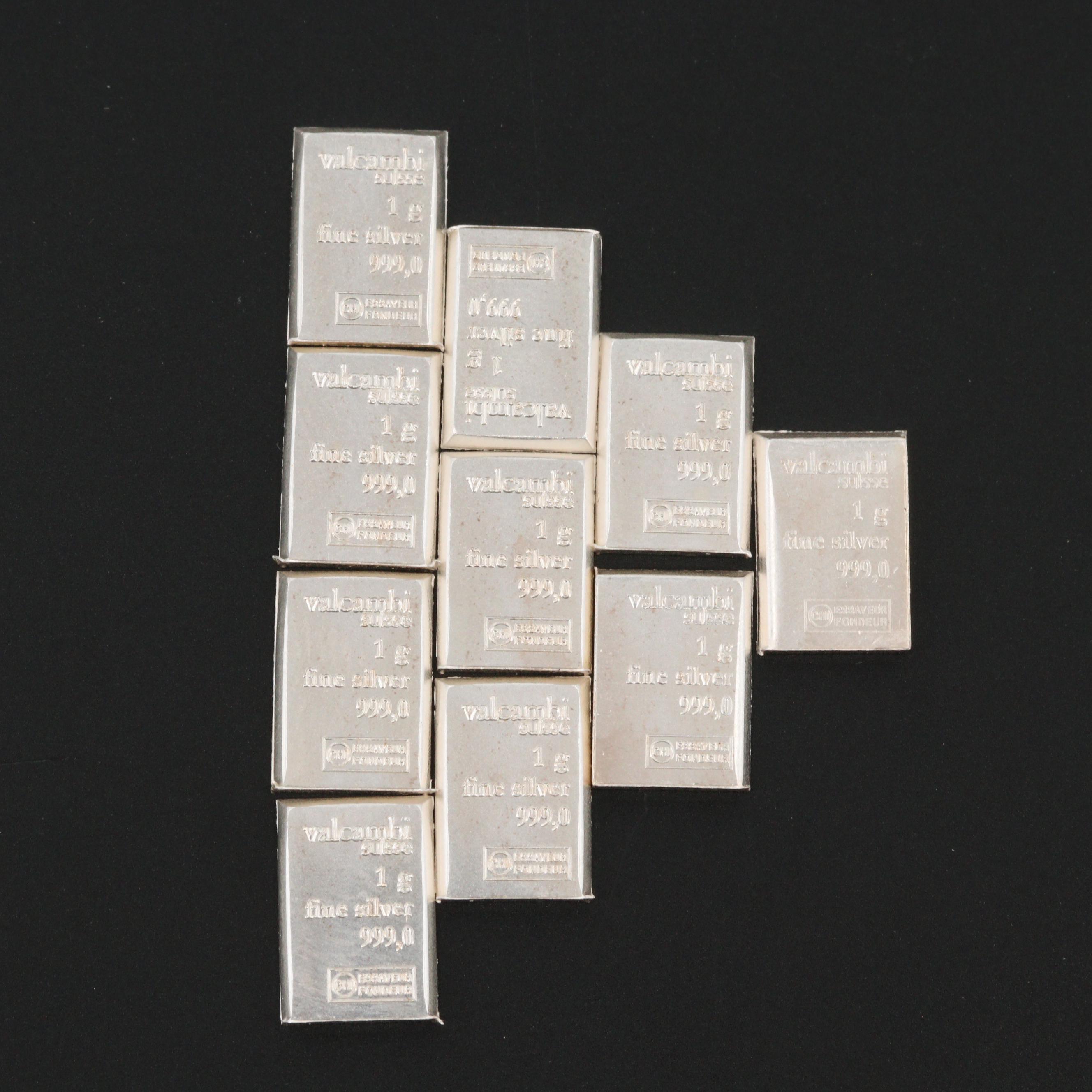 Ten 1-Gram Fine Silver Ingots Produced by Valcambi Suisse