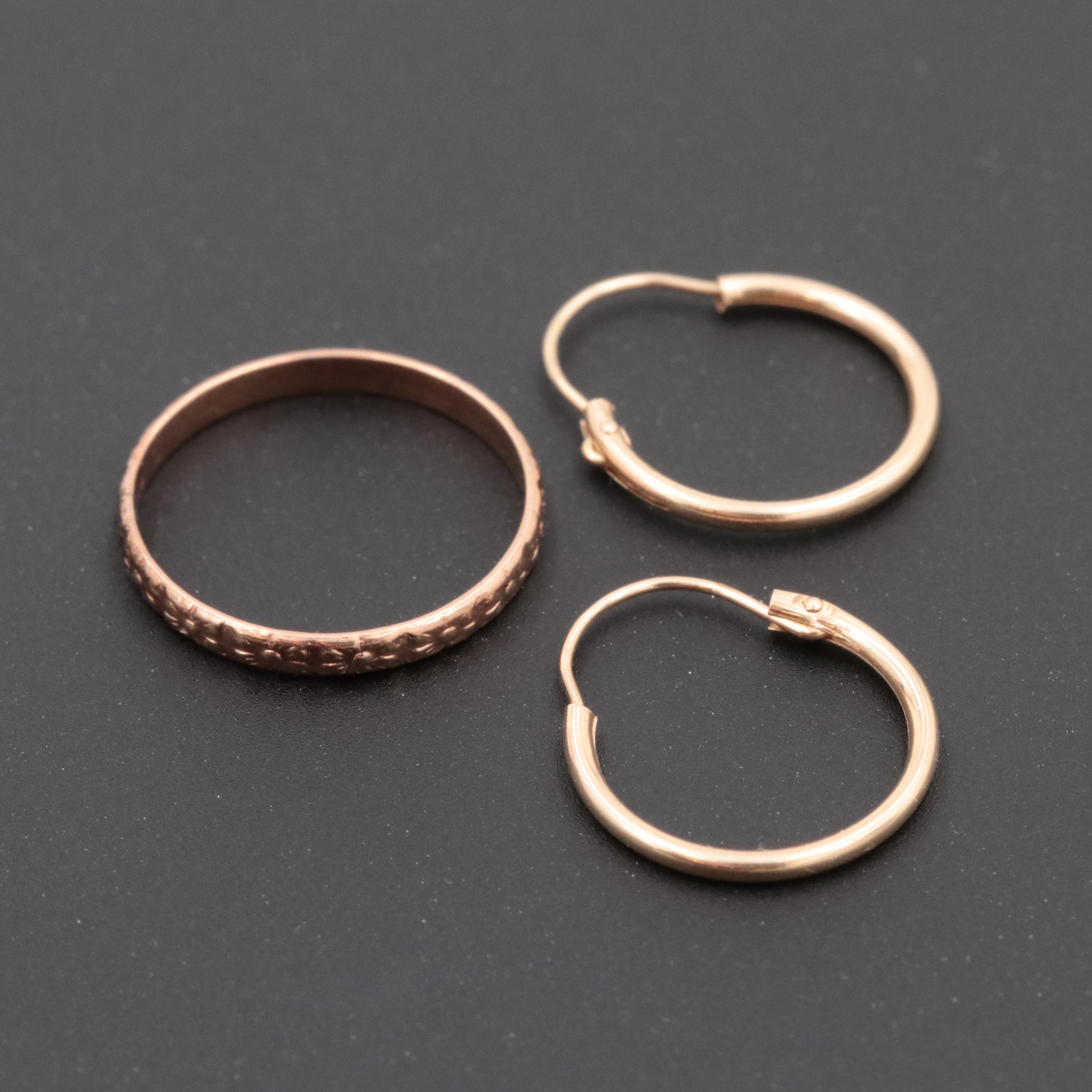 10K Yellow Gold Textured Ring and 14K Gold Hoop Earrings