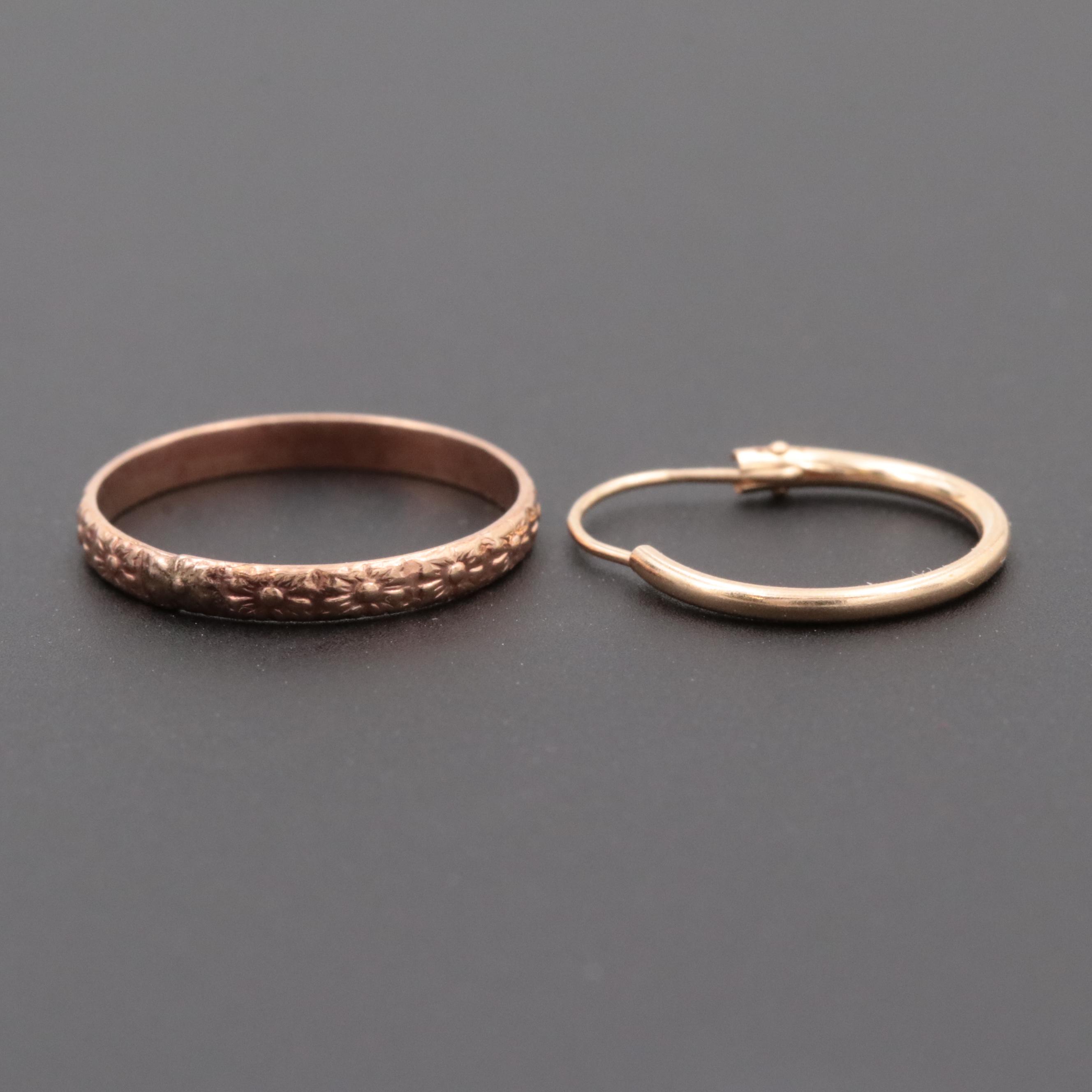 10K Yellow Gold Textured Ring and 14K Gold Hoop Earrings