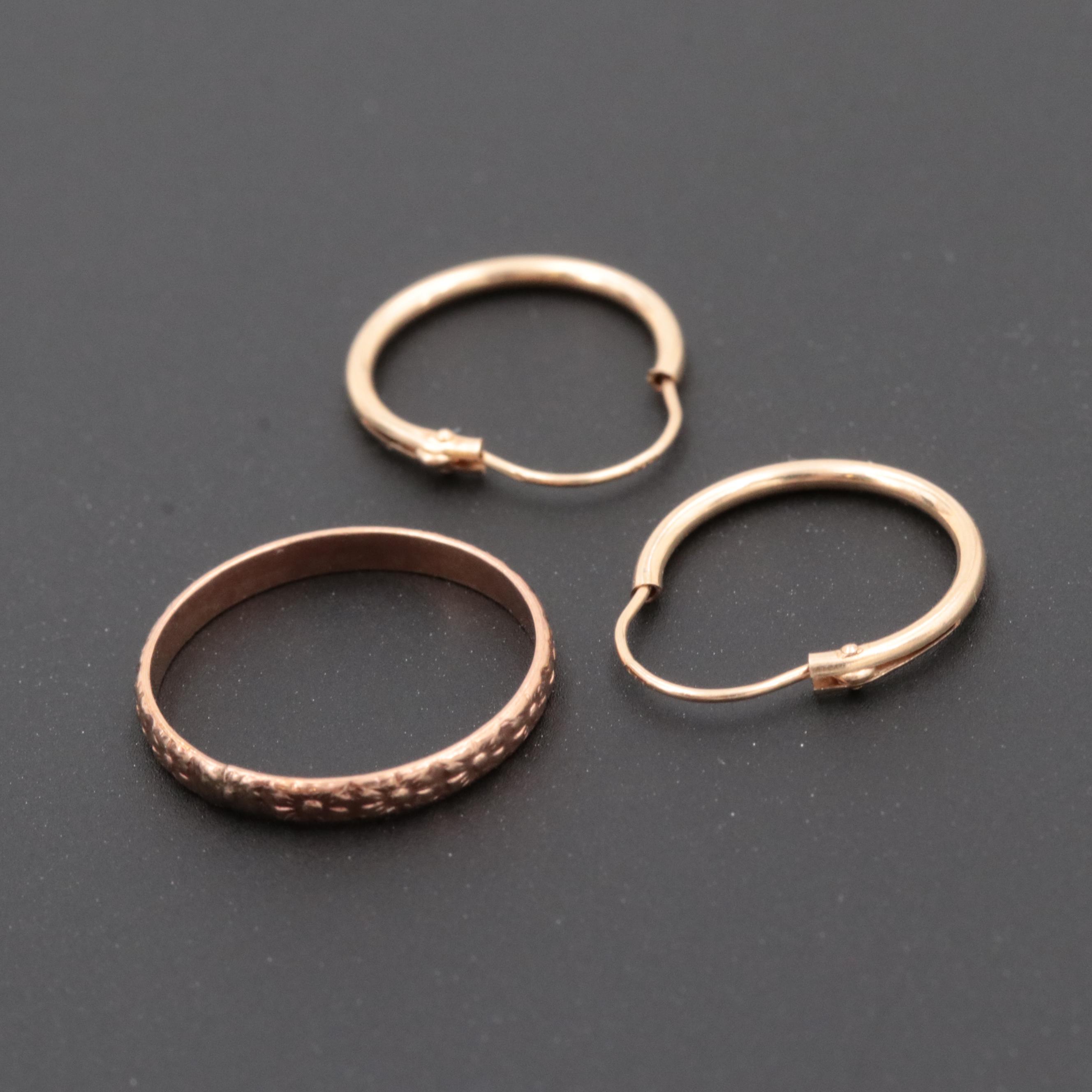 10K Yellow Gold Textured Ring and 14K Gold Hoop Earrings