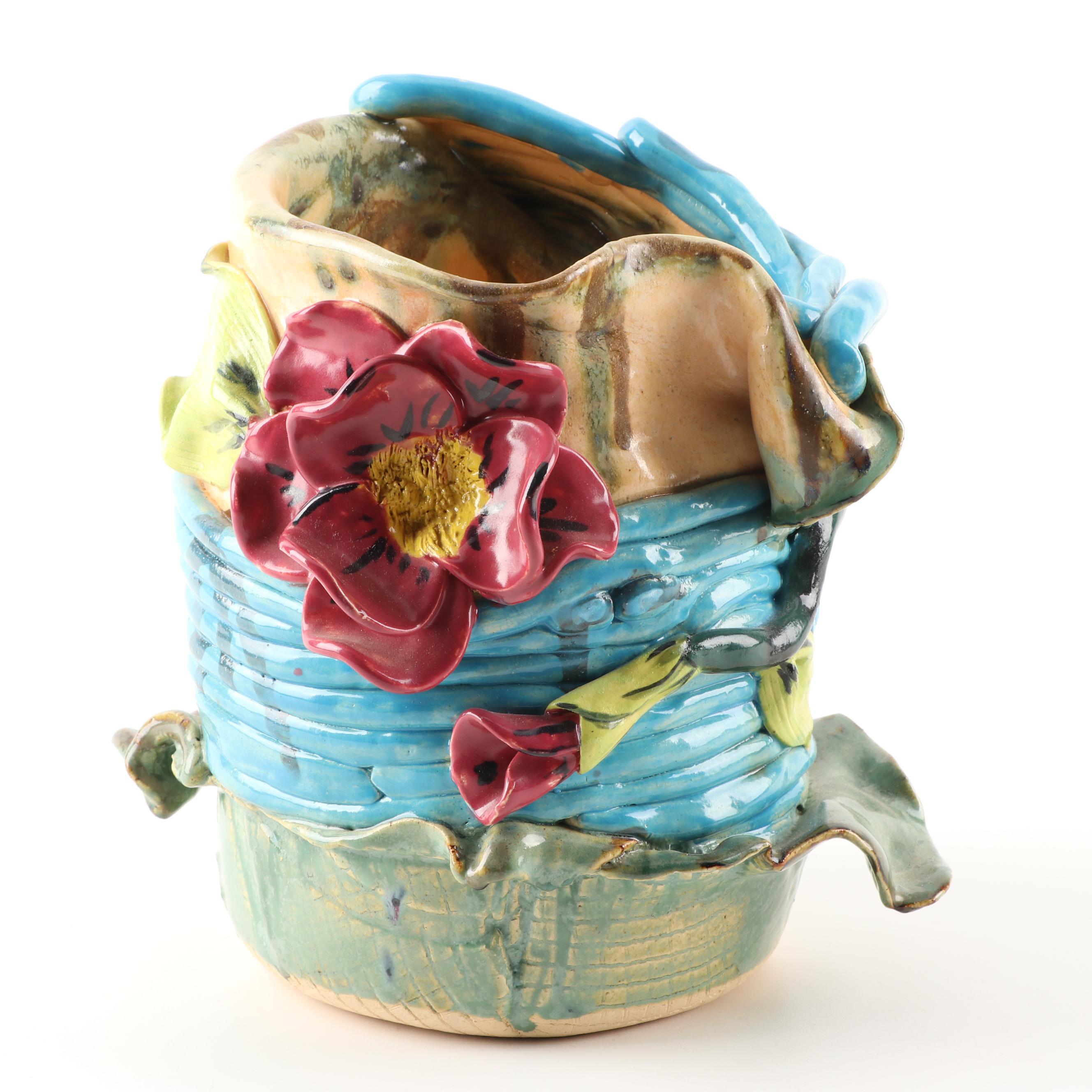 Handbuilt Coiled Stoneware Vase with Applied Flower Decoration