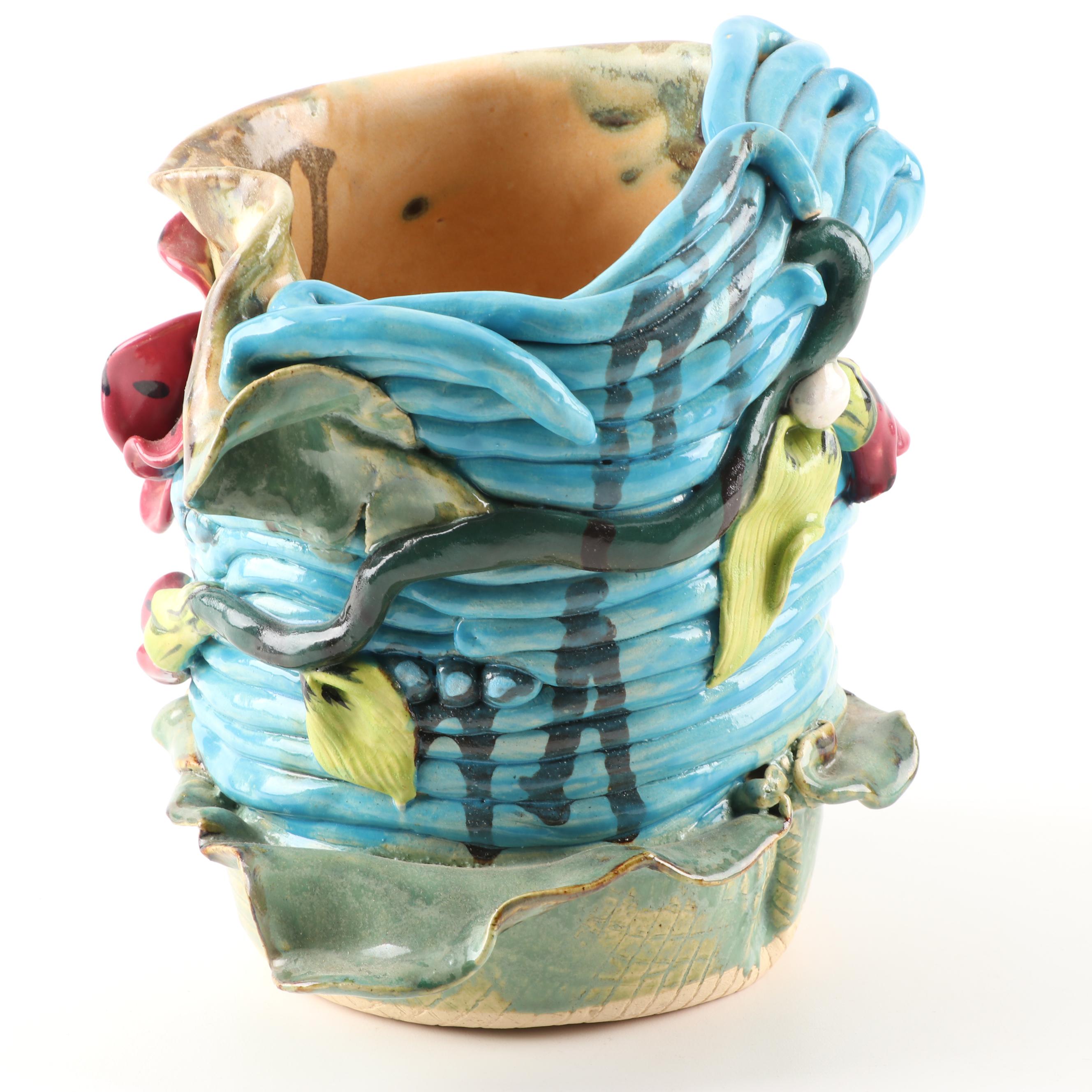 Handbuilt Coiled Stoneware Vase with Applied Flower Decoration