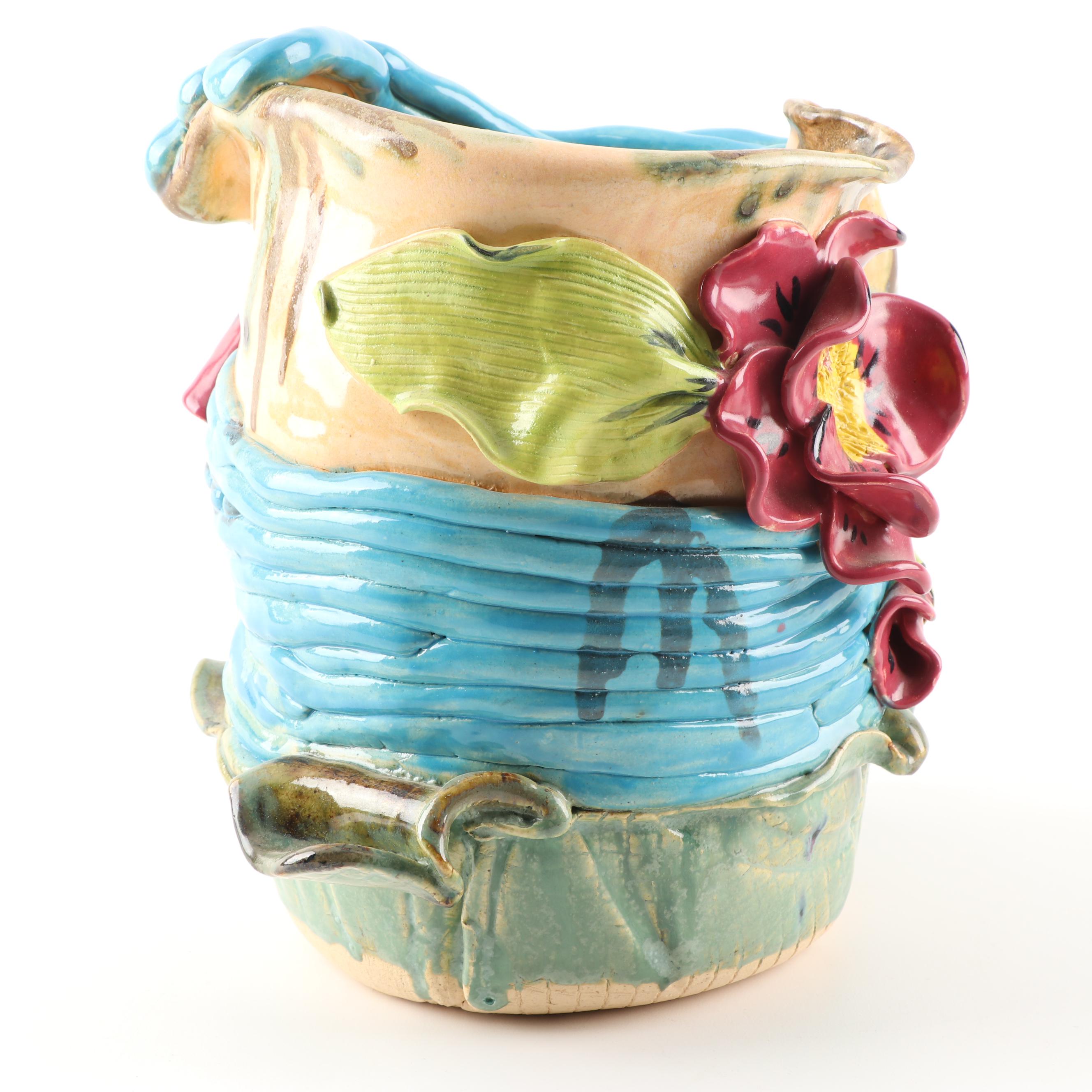 Handbuilt Coiled Stoneware Vase with Applied Flower Decoration