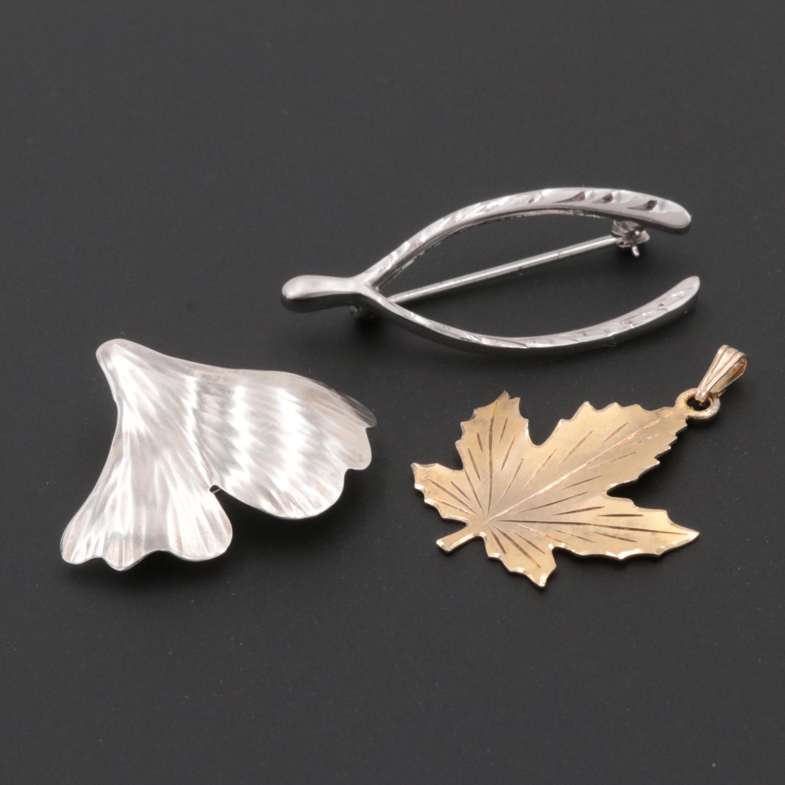Gold Wash on Sterling Leaf Pendant with Sterling Ginko Converter Brooch