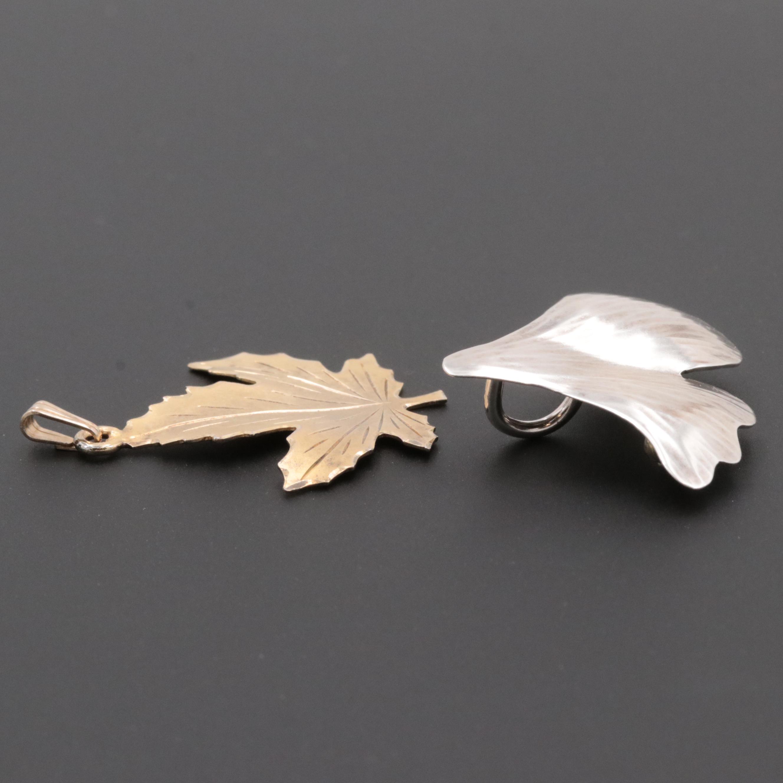 Gold Wash on Sterling Leaf Pendant with Sterling Ginko Converter Brooch