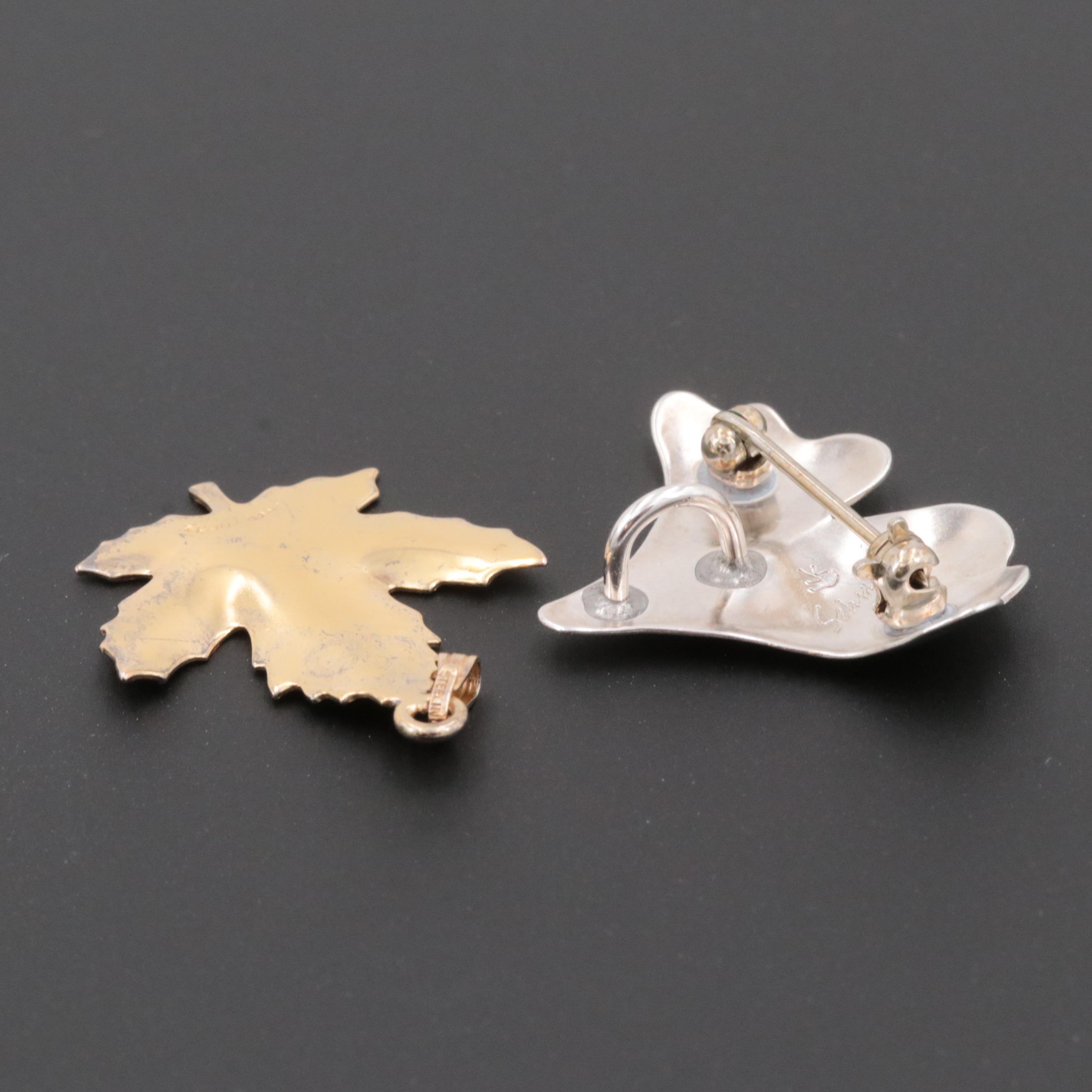 Gold Wash on Sterling Leaf Pendant with Sterling Ginko Converter Brooch