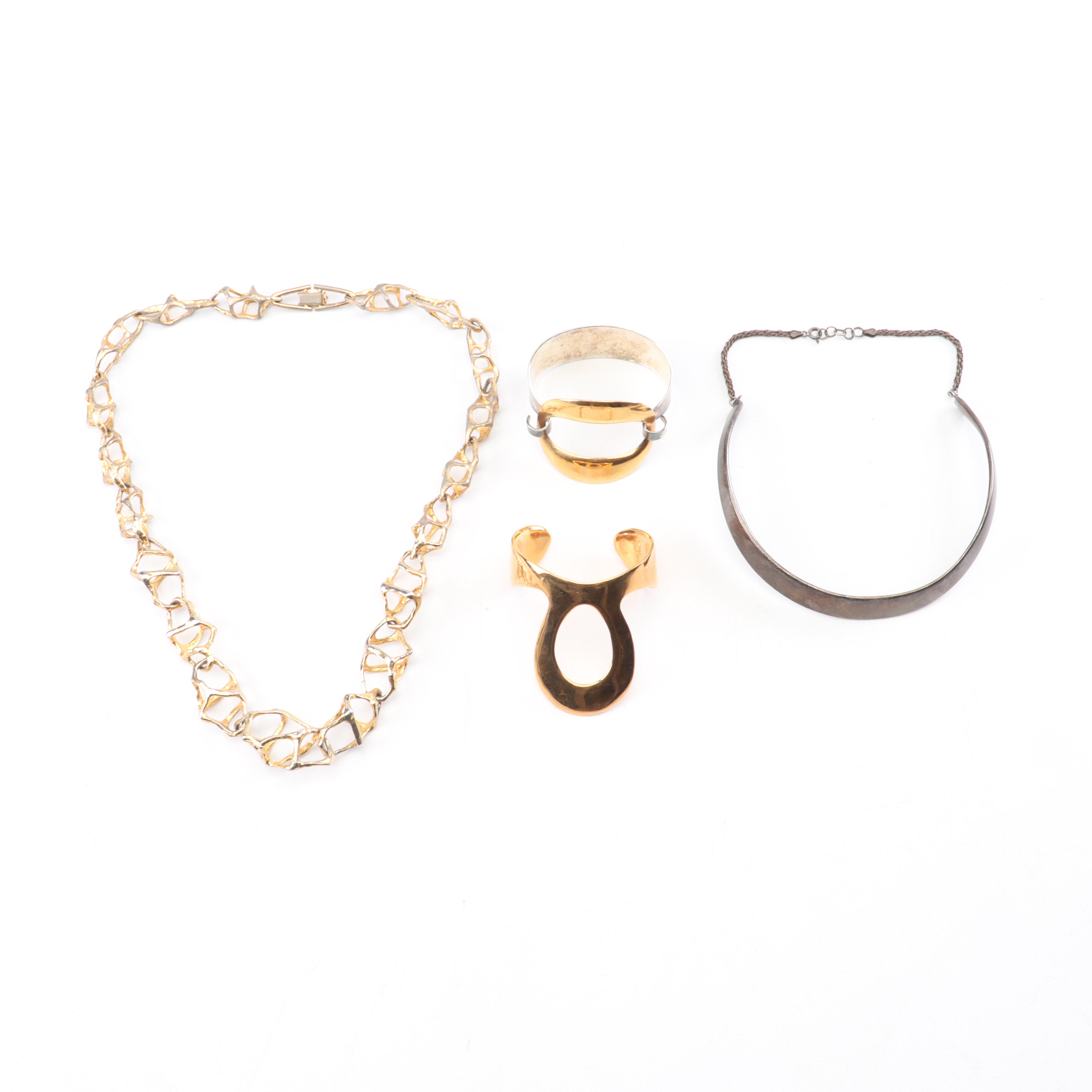 Jacob Hill Danish Modernist Jewelry with Sterling Silver, Gold Wash and Metal