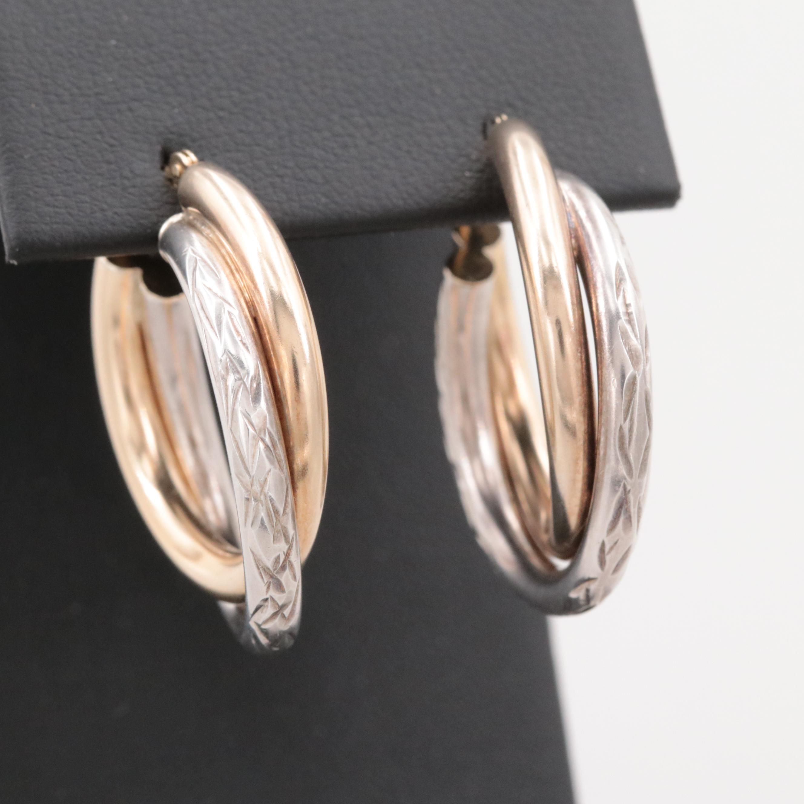 Two Tone Sterling Silver Textured Hoop Earrings