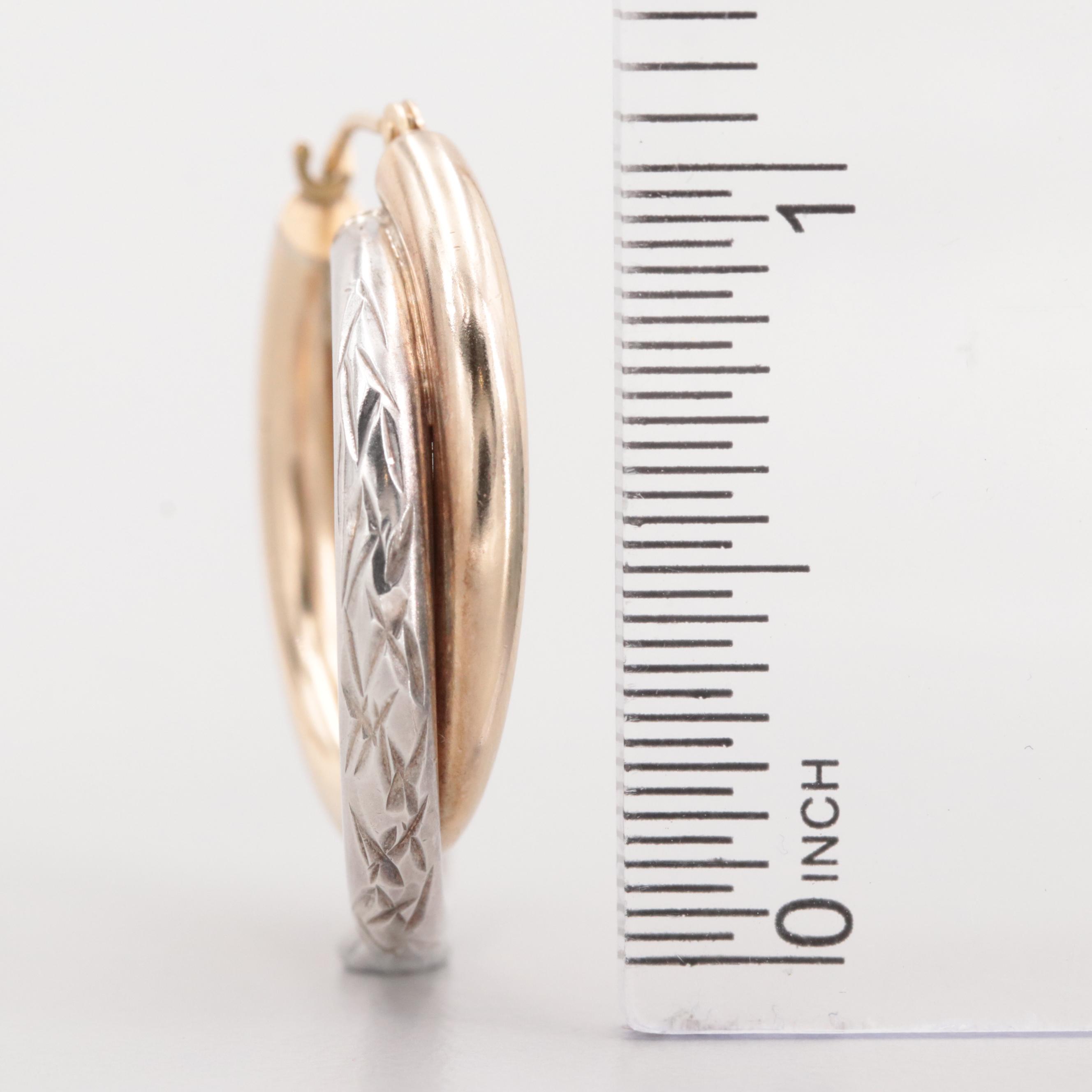 Two Tone Sterling Silver Textured Hoop Earrings