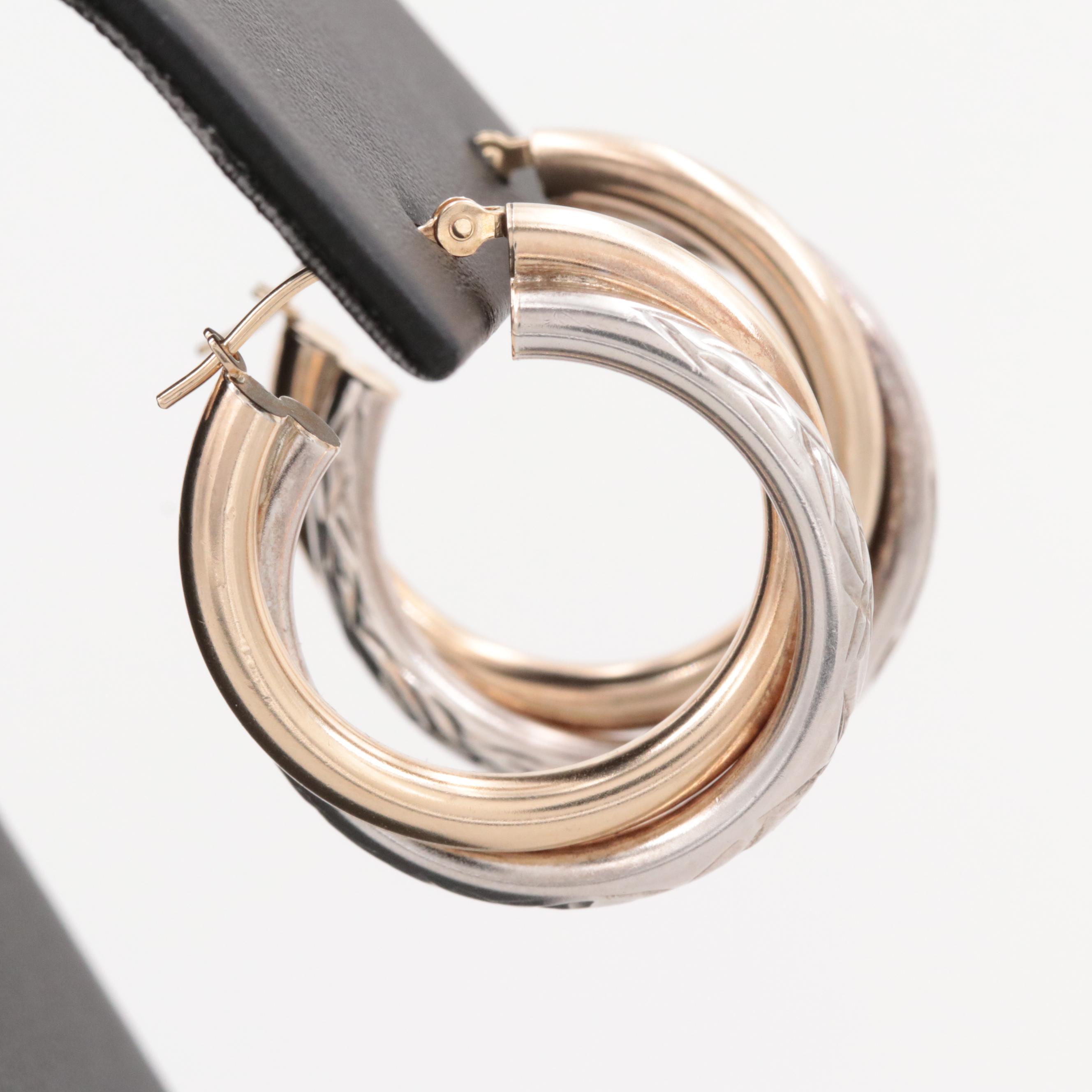 Two Tone Sterling Silver Textured Hoop Earrings