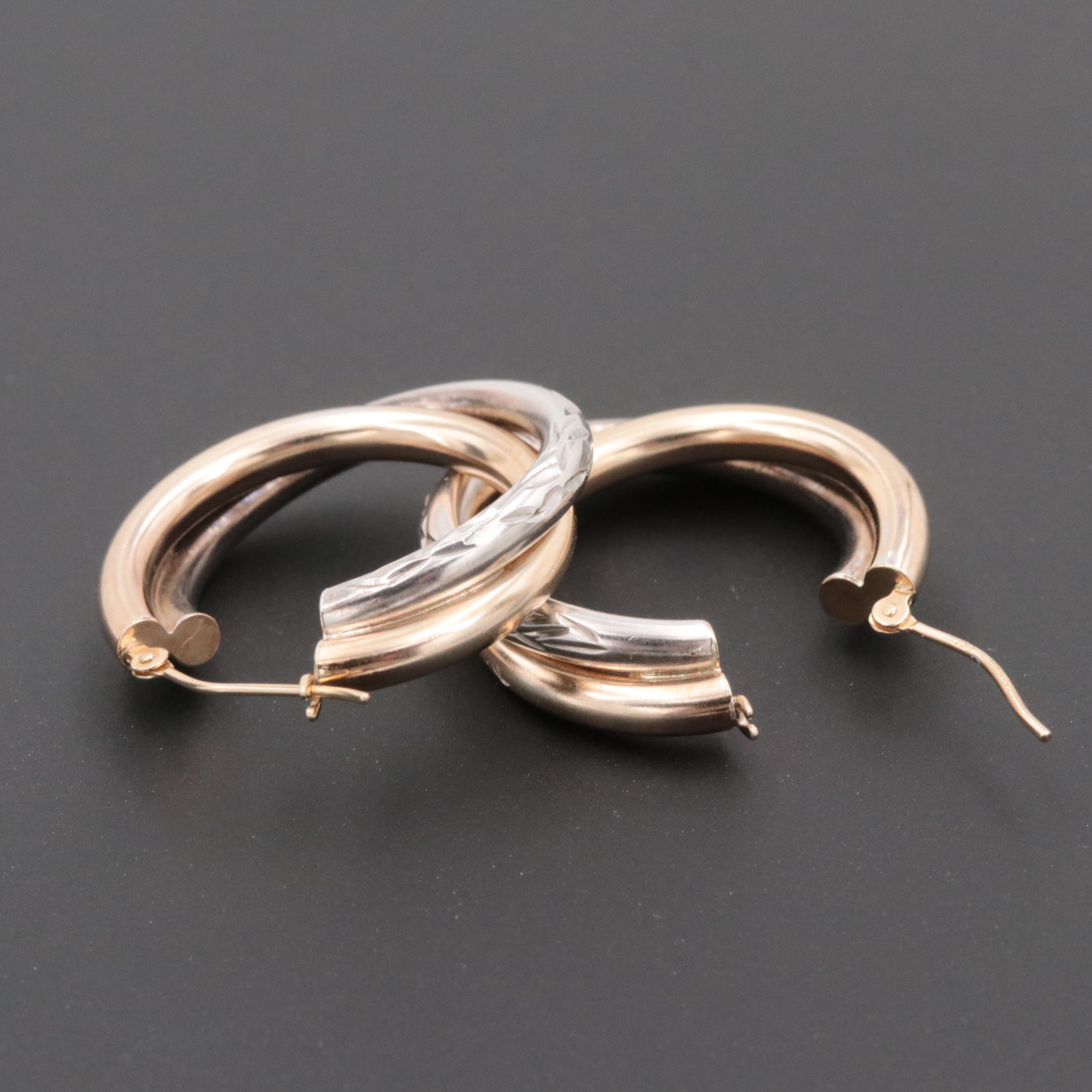 Two Tone Sterling Silver Textured Hoop Earrings