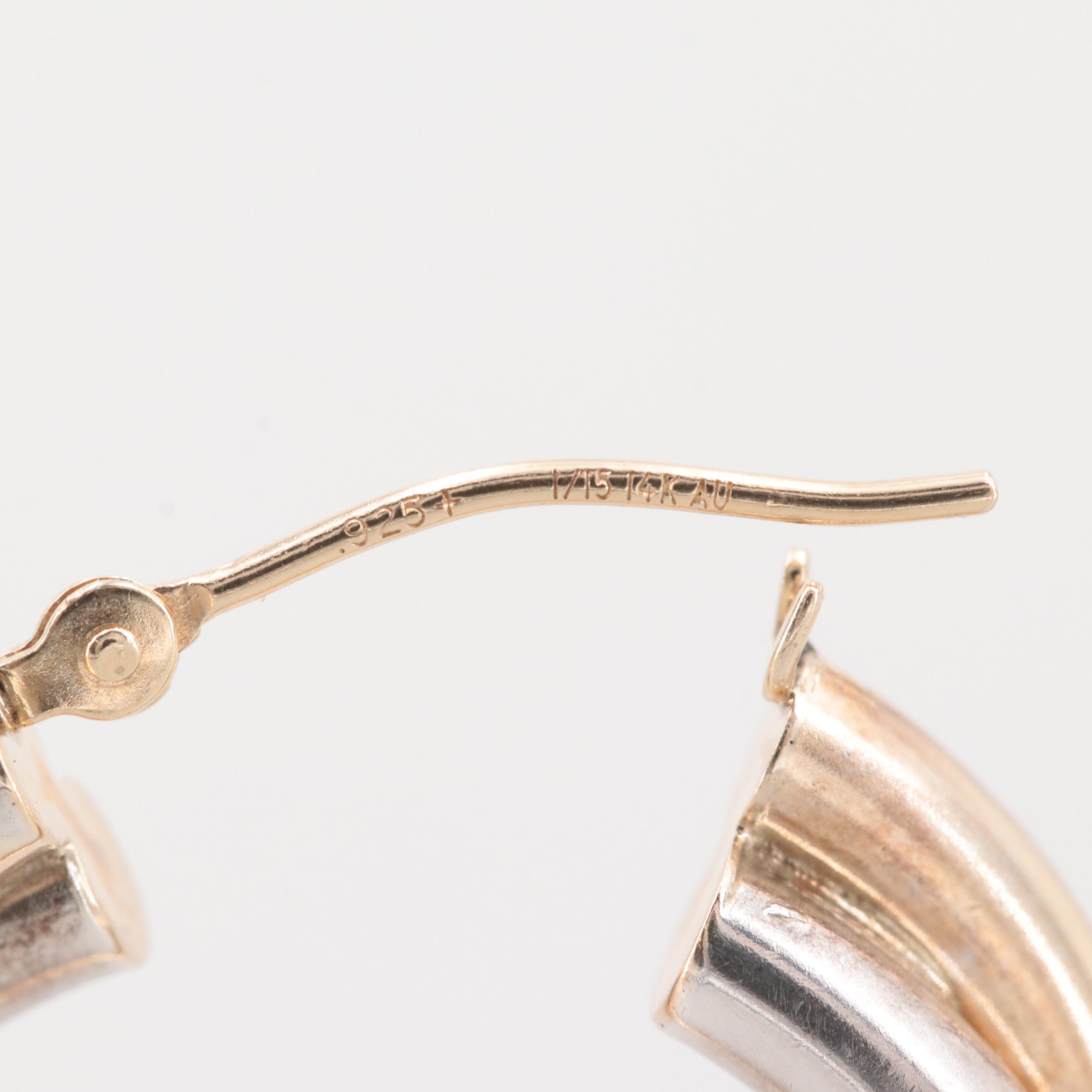 Two Tone Sterling Silver Textured Hoop Earrings