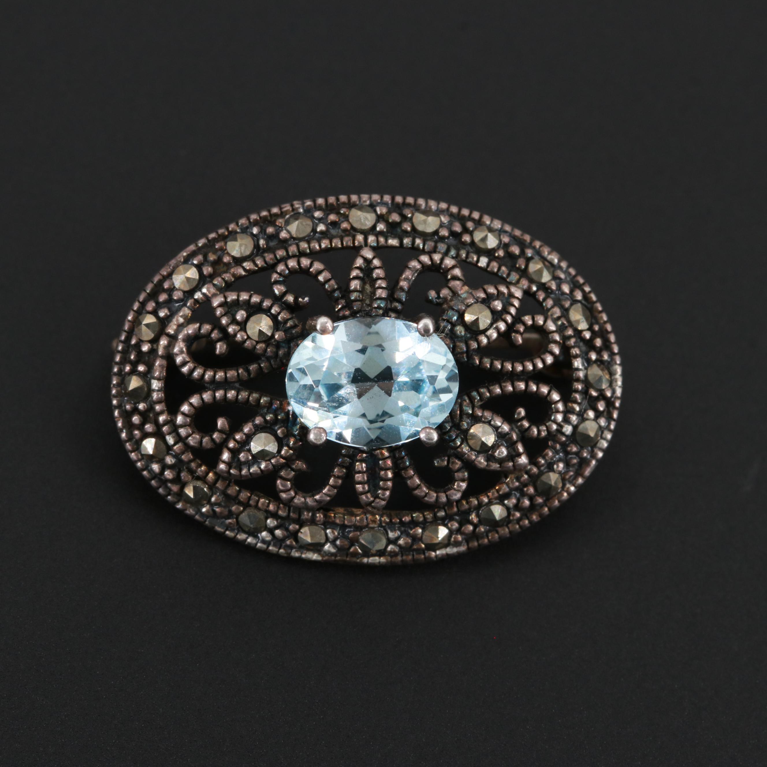 Sterling Silver Topaz and Marcasite Brooch with Milgrain Detail