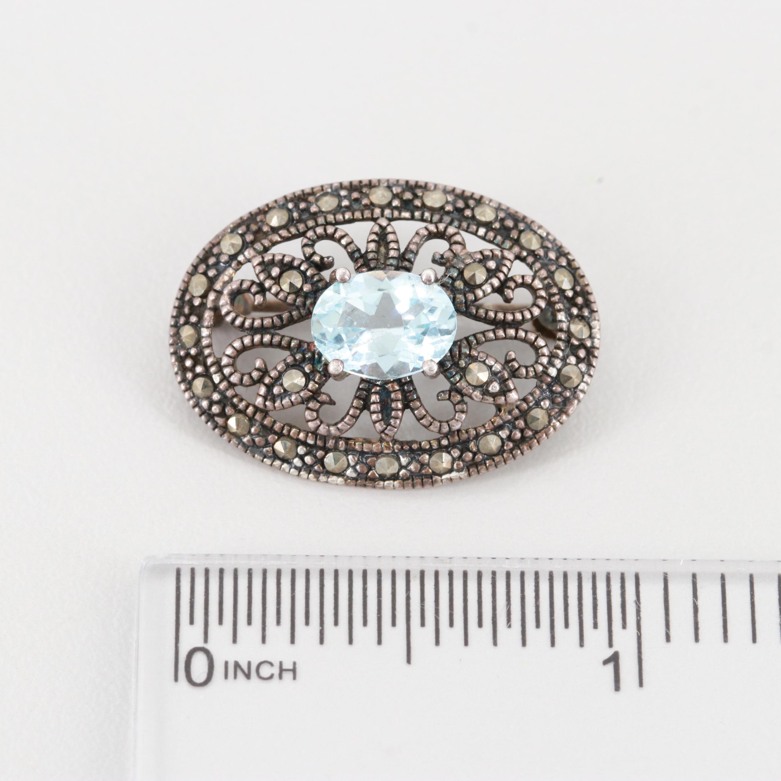 Sterling Silver Topaz and Marcasite Brooch with Milgrain Detail