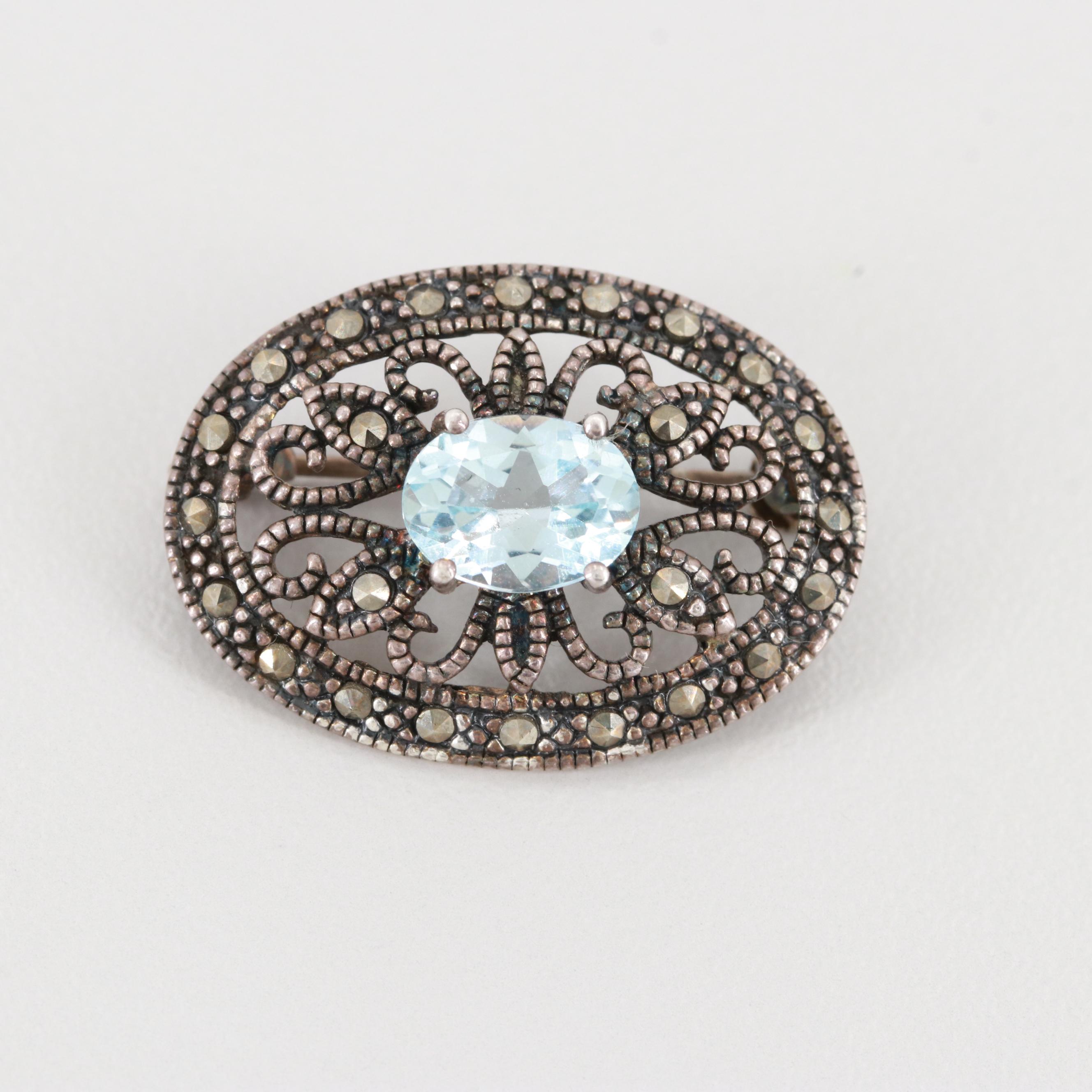 Sterling Silver Topaz and Marcasite Brooch with Milgrain Detail