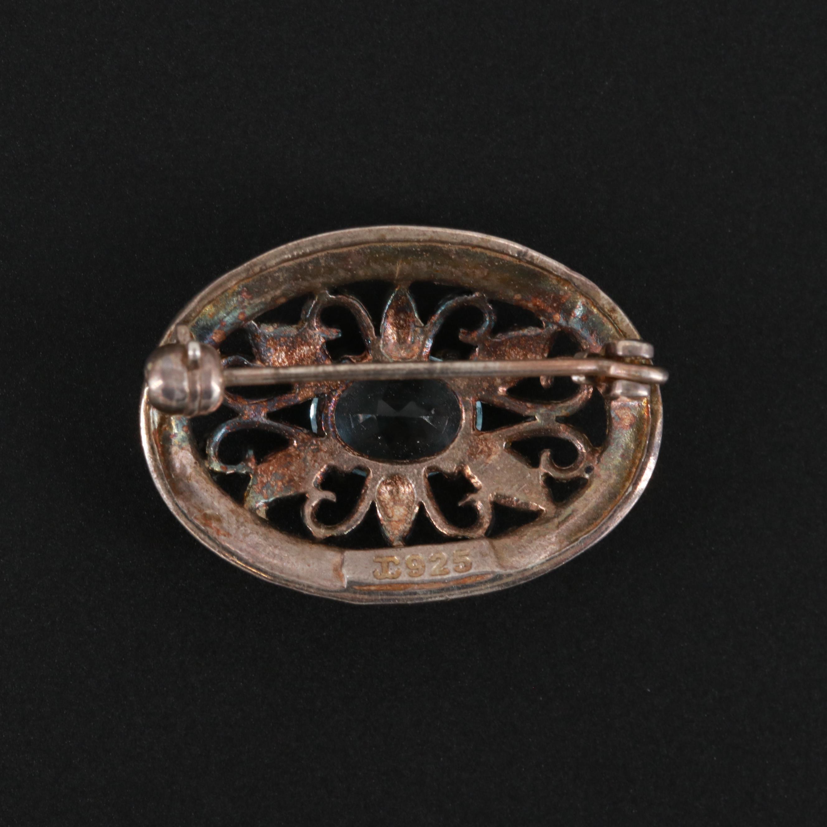 Sterling Silver Topaz and Marcasite Brooch with Milgrain Detail