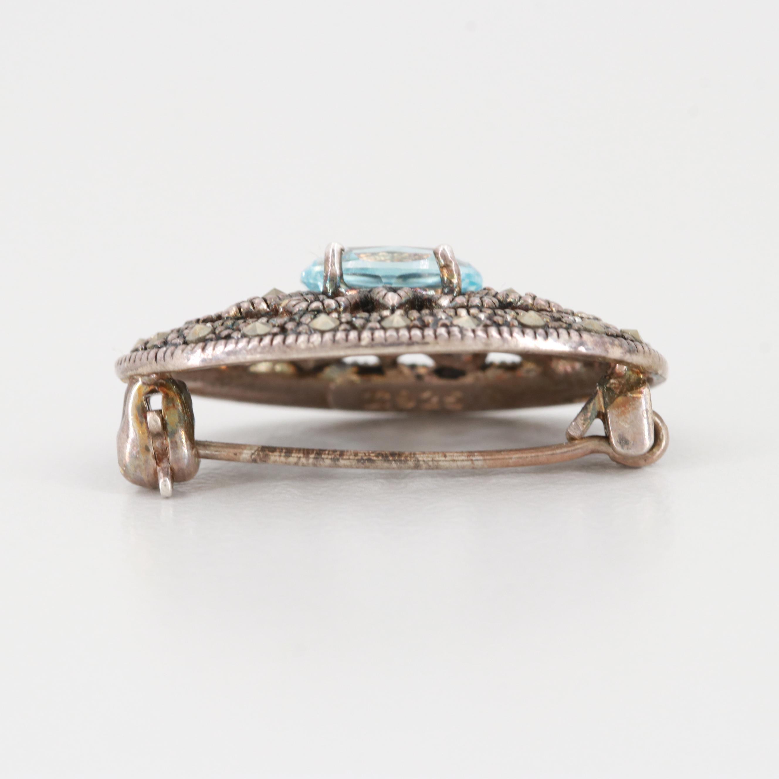 Sterling Silver Topaz and Marcasite Brooch with Milgrain Detail