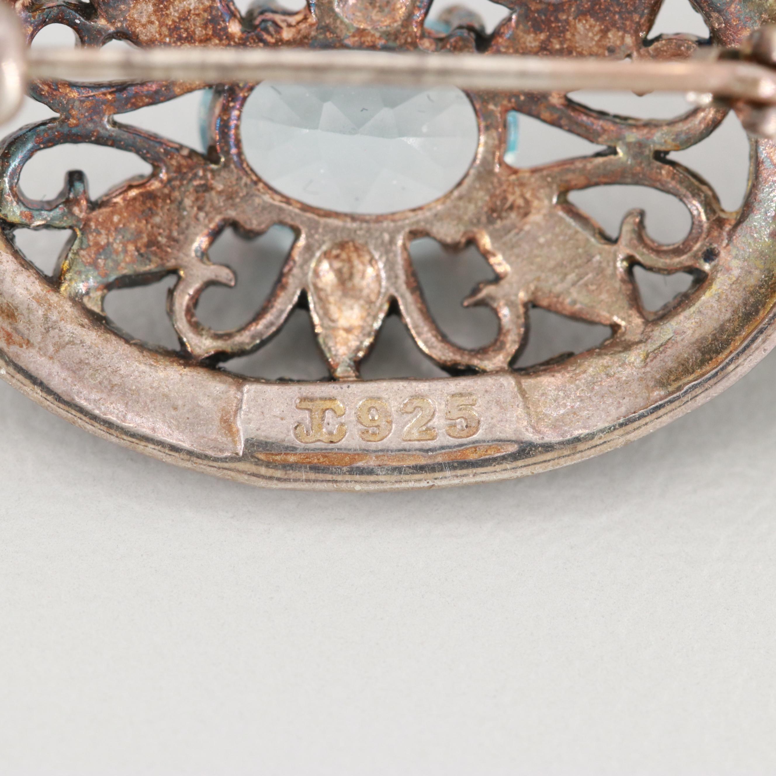 Sterling Silver Topaz and Marcasite Brooch with Milgrain Detail