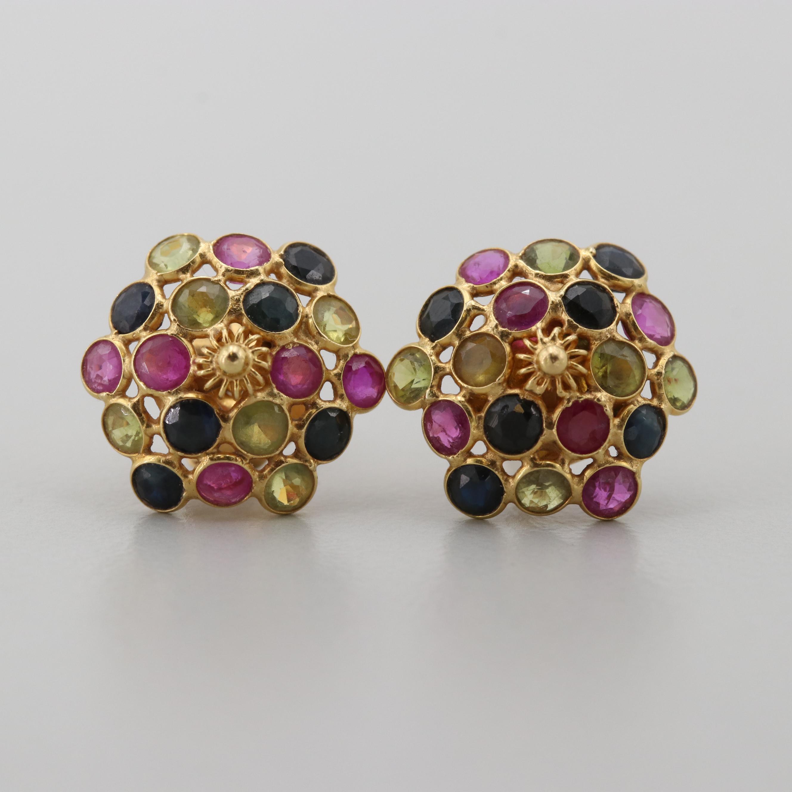 18K Yellow Gold Ruby and Blue and Yellow Sapphire Floral Stud Earrings
