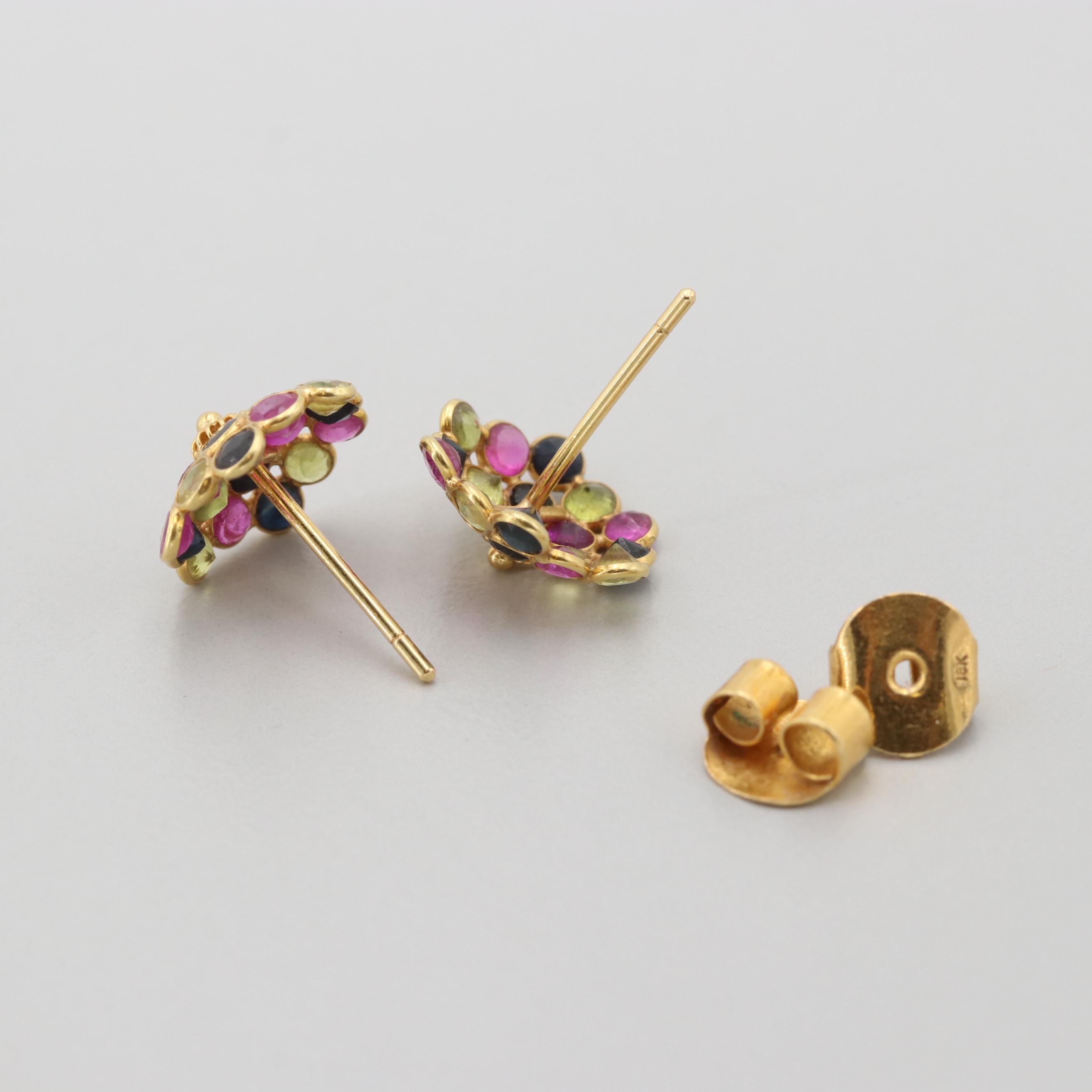 18K Yellow Gold Ruby and Blue and Yellow Sapphire Floral Stud Earrings