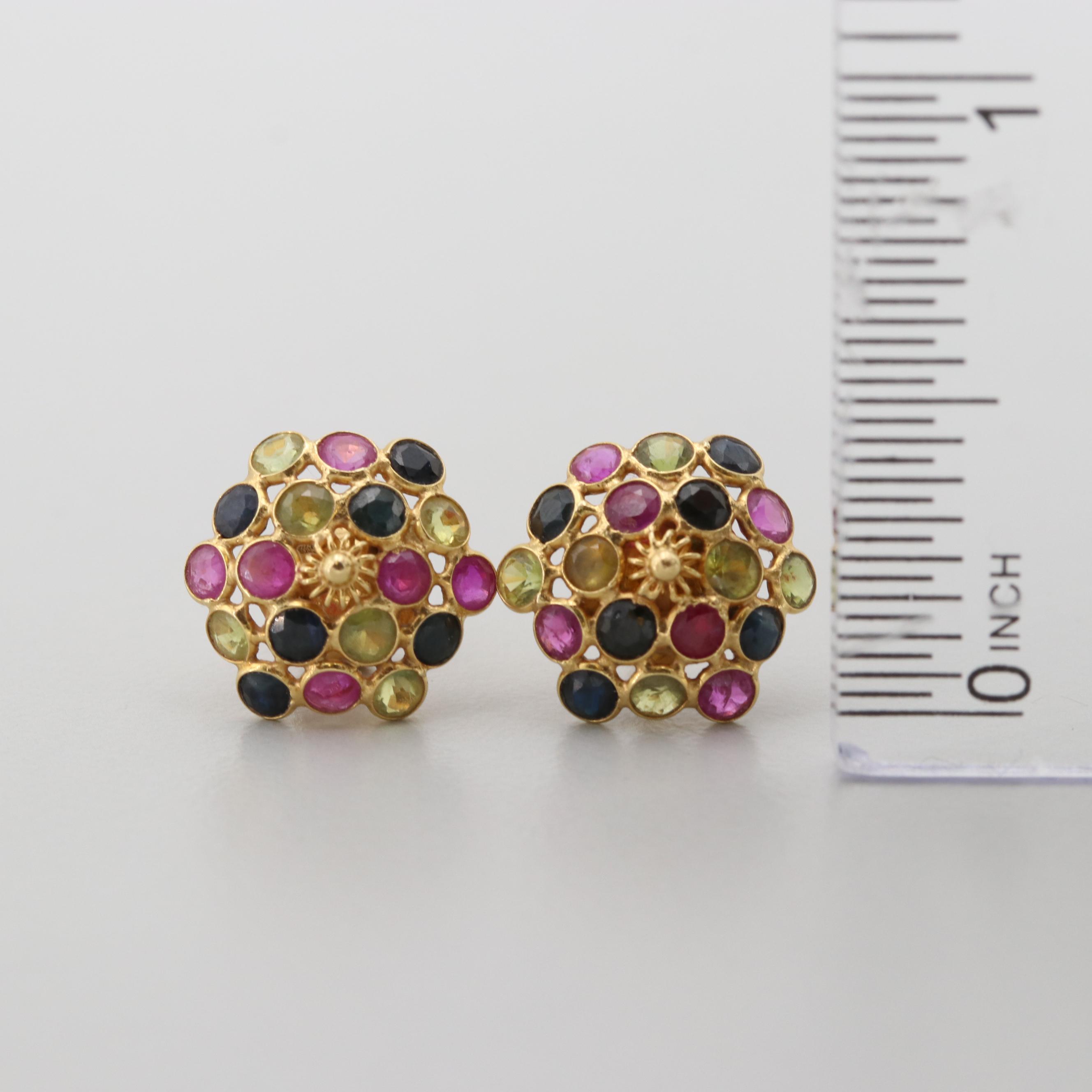 18K Yellow Gold Ruby and Blue and Yellow Sapphire Floral Stud Earrings