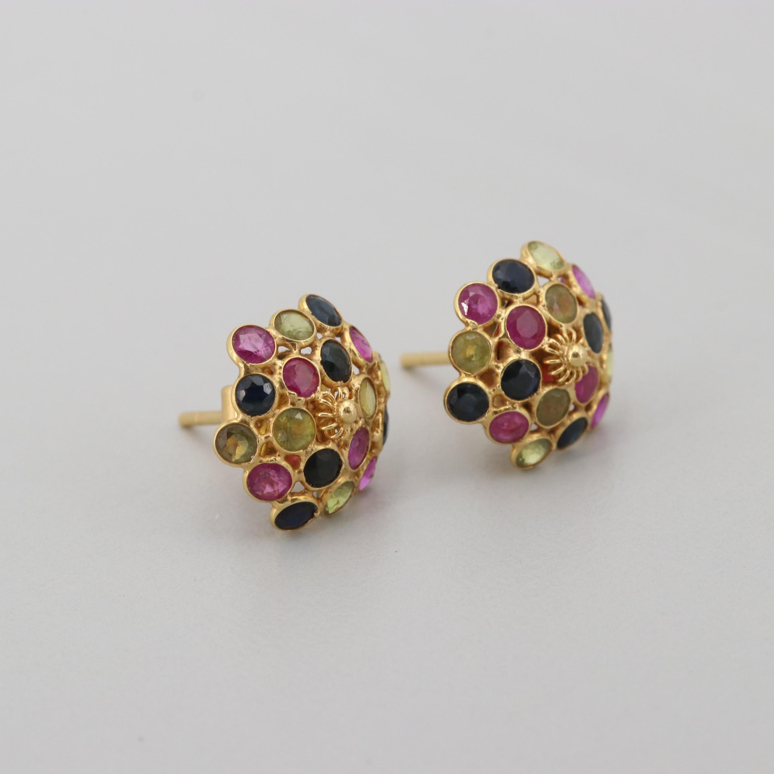 18K Yellow Gold Ruby and Blue and Yellow Sapphire Floral Stud Earrings
