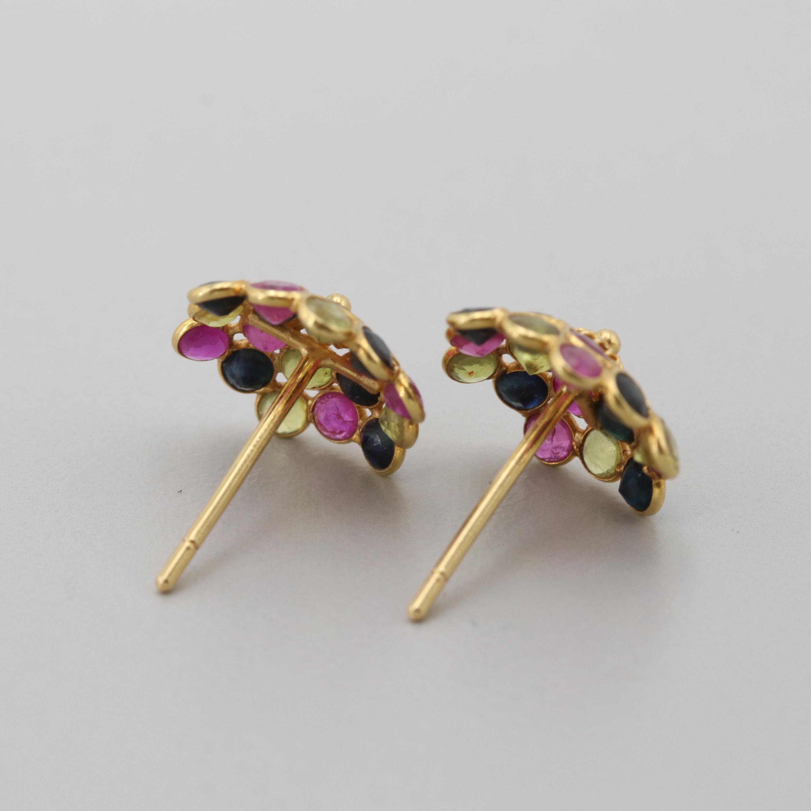 18K Yellow Gold Ruby and Blue and Yellow Sapphire Floral Stud Earrings