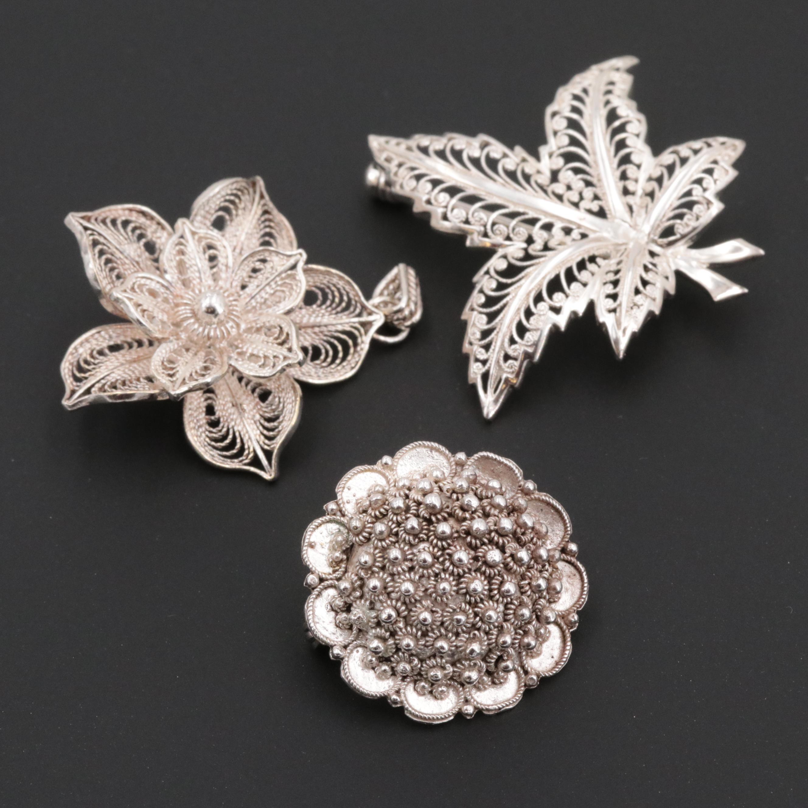 Sterling Silver Brooches and Filigree Wire Work Pendant
