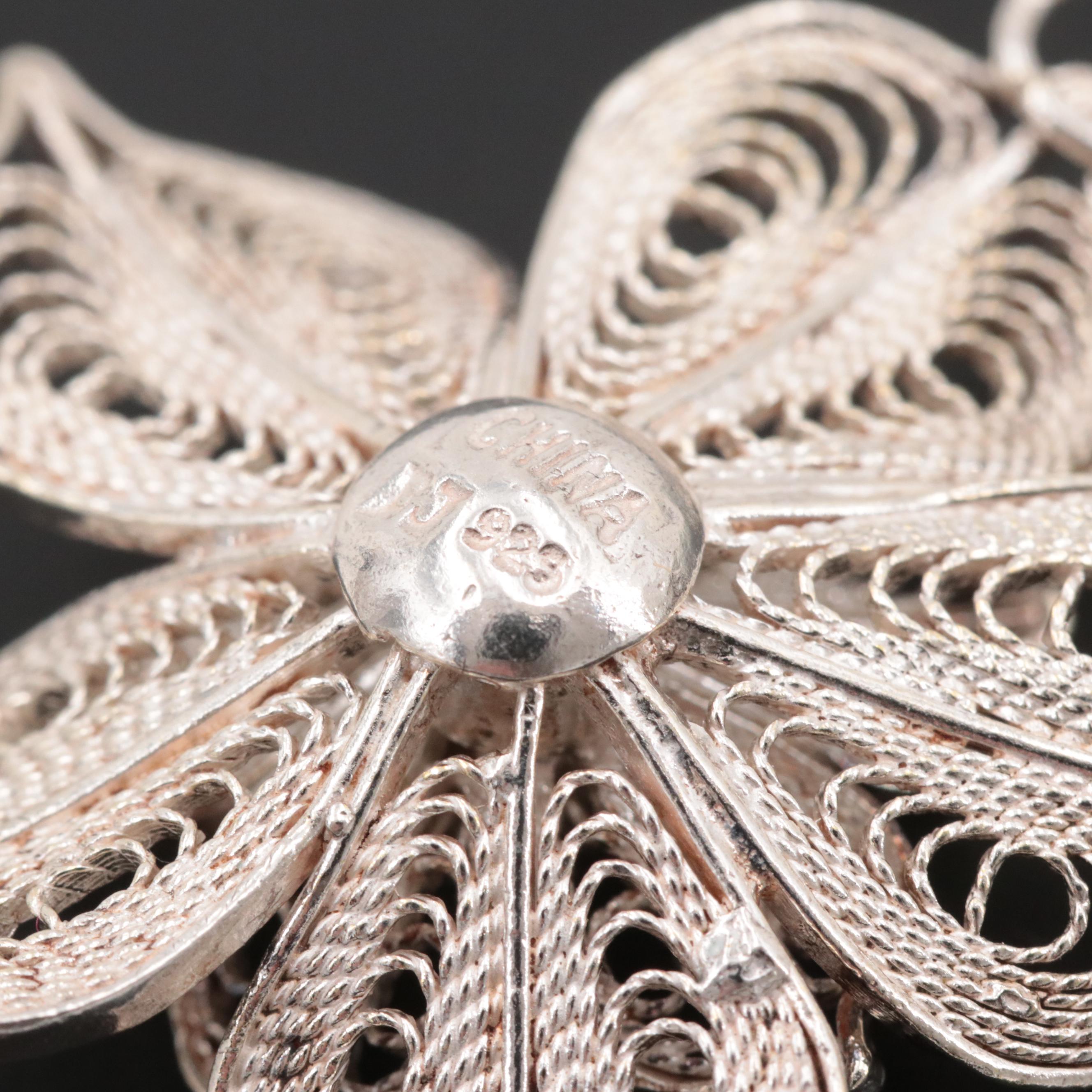 Sterling Silver Brooches and Filigree Wire Work Pendant