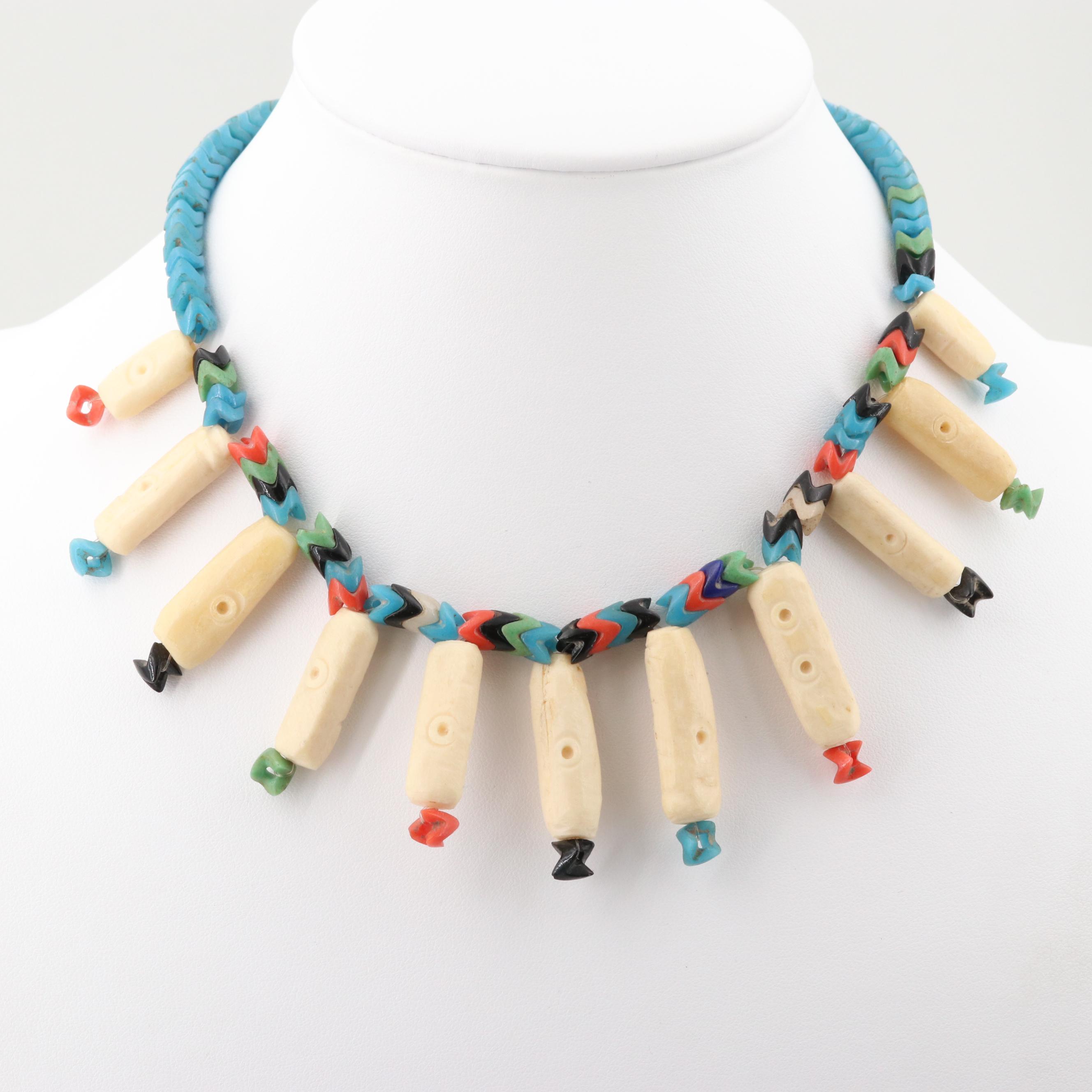 Vintage African Silver Tone Glass and Bone Carved Snake Vertebrae Necklace