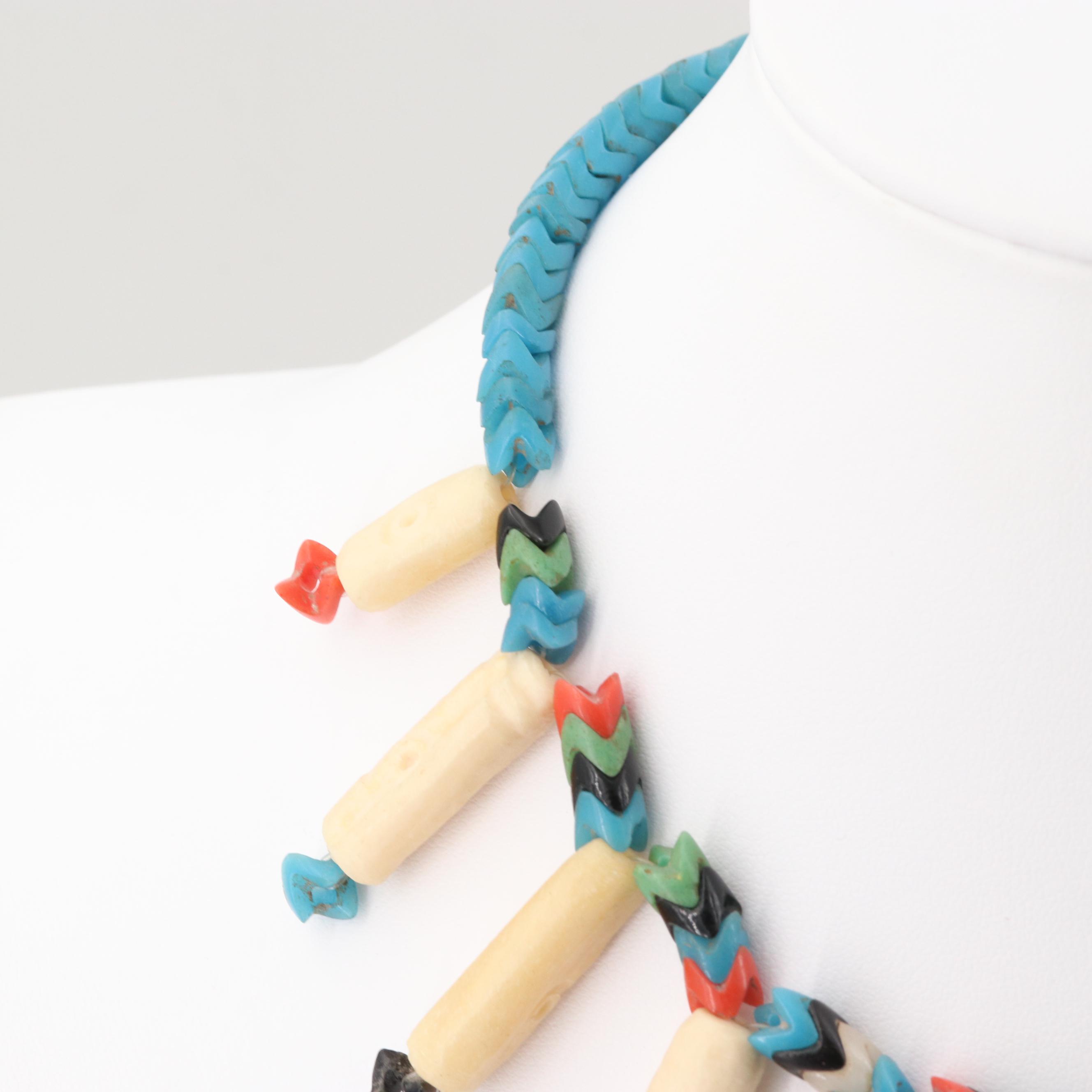 Vintage African Silver Tone Glass and Bone Carved Snake Vertebrae Necklace