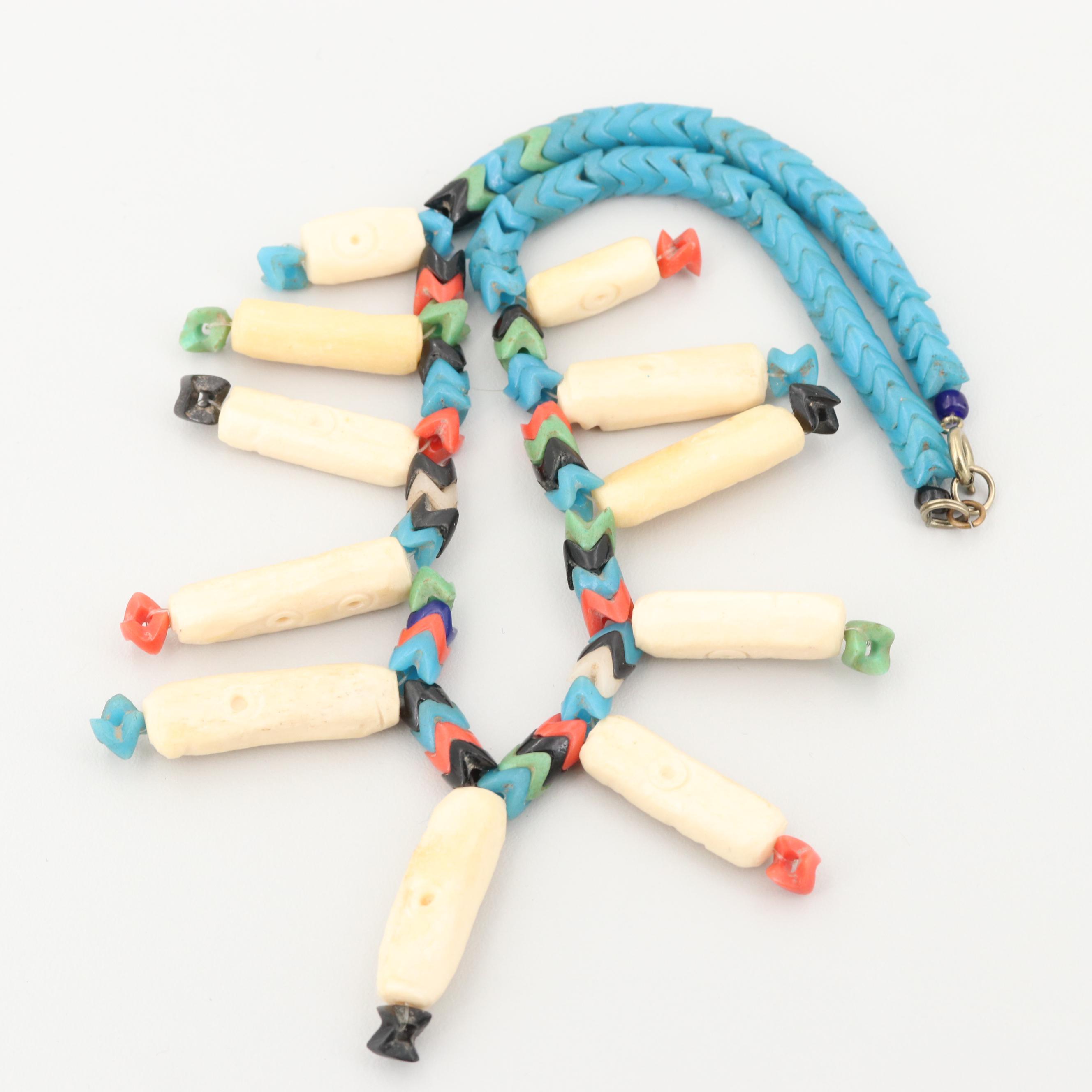 Vintage African Silver Tone Glass and Bone Carved Snake Vertebrae Necklace