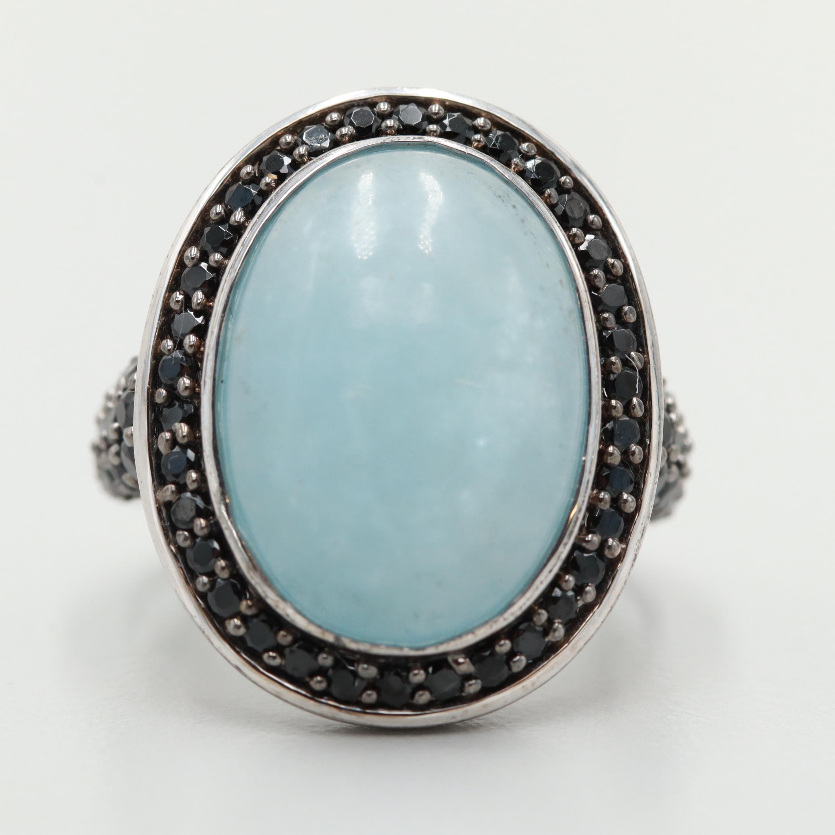Sterling Silver Blue Beryl and Black Spinel Ring