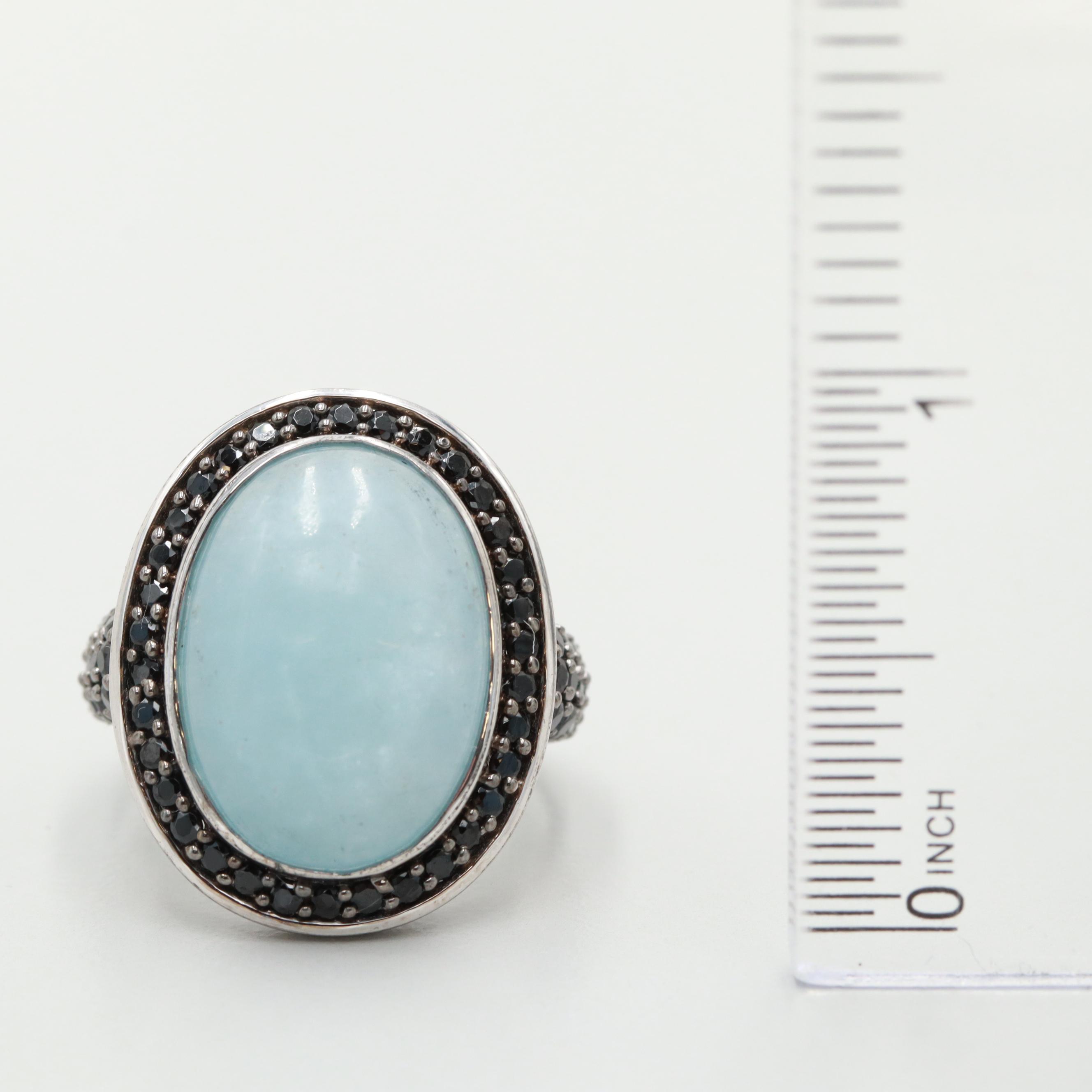 Sterling Silver Blue Beryl and Black Spinel Ring