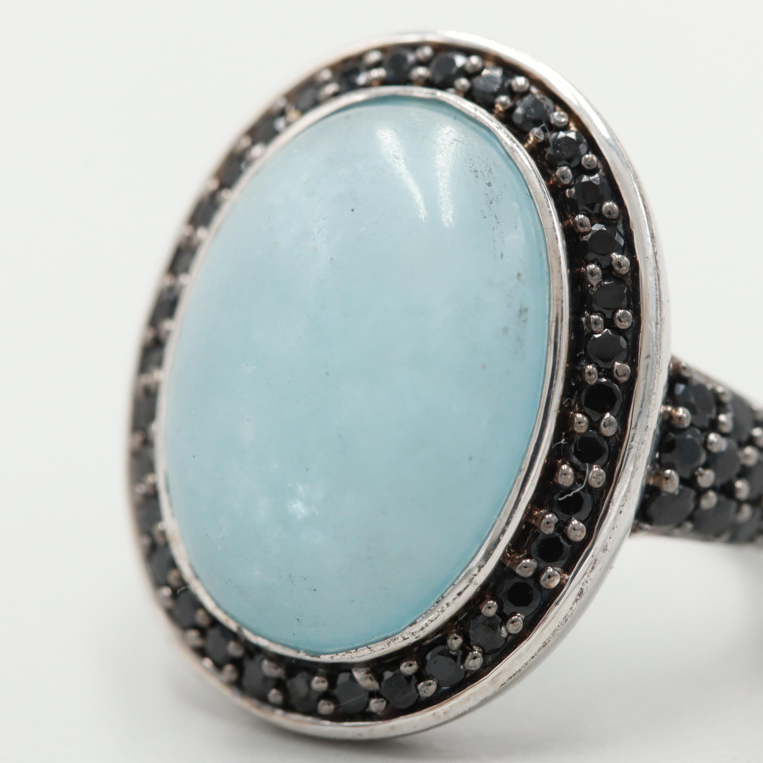 Sterling Silver Blue Beryl and Black Spinel Ring