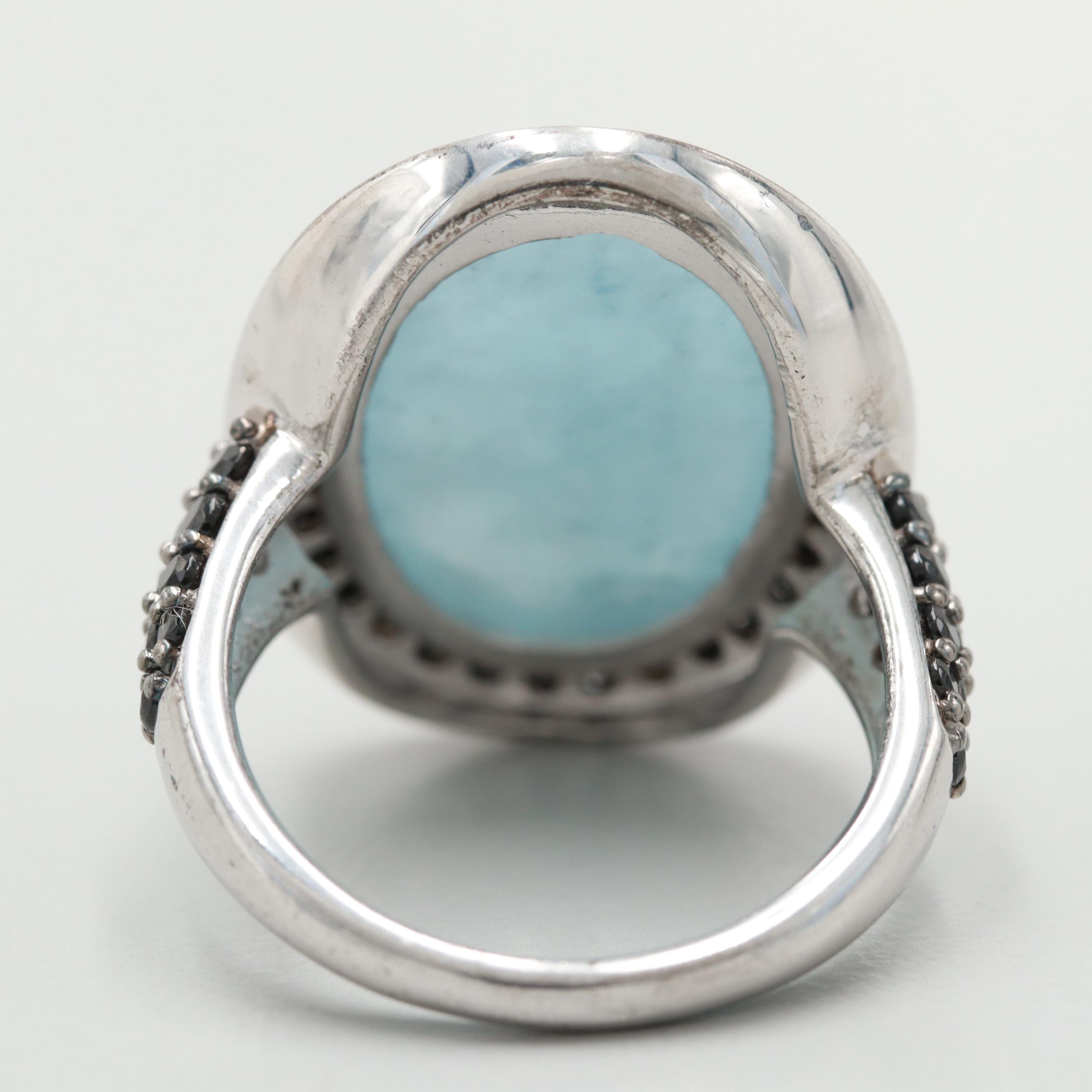 Sterling Silver Blue Beryl and Black Spinel Ring