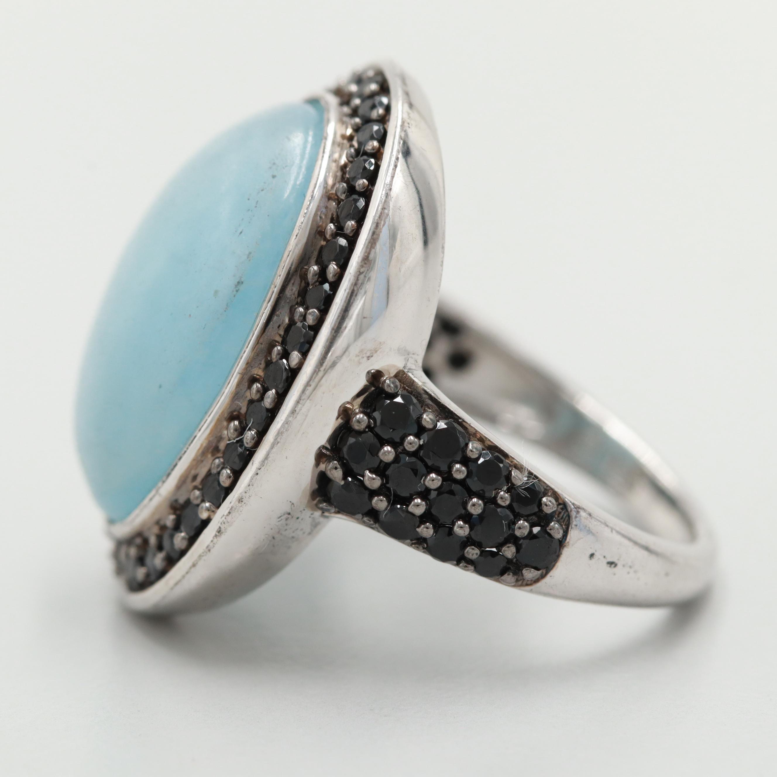 Sterling Silver Blue Beryl and Black Spinel Ring