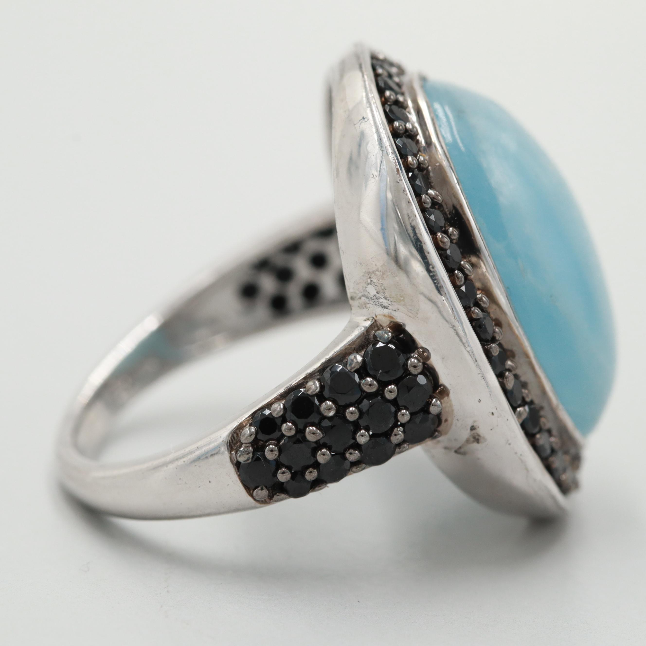Sterling Silver Blue Beryl and Black Spinel Ring