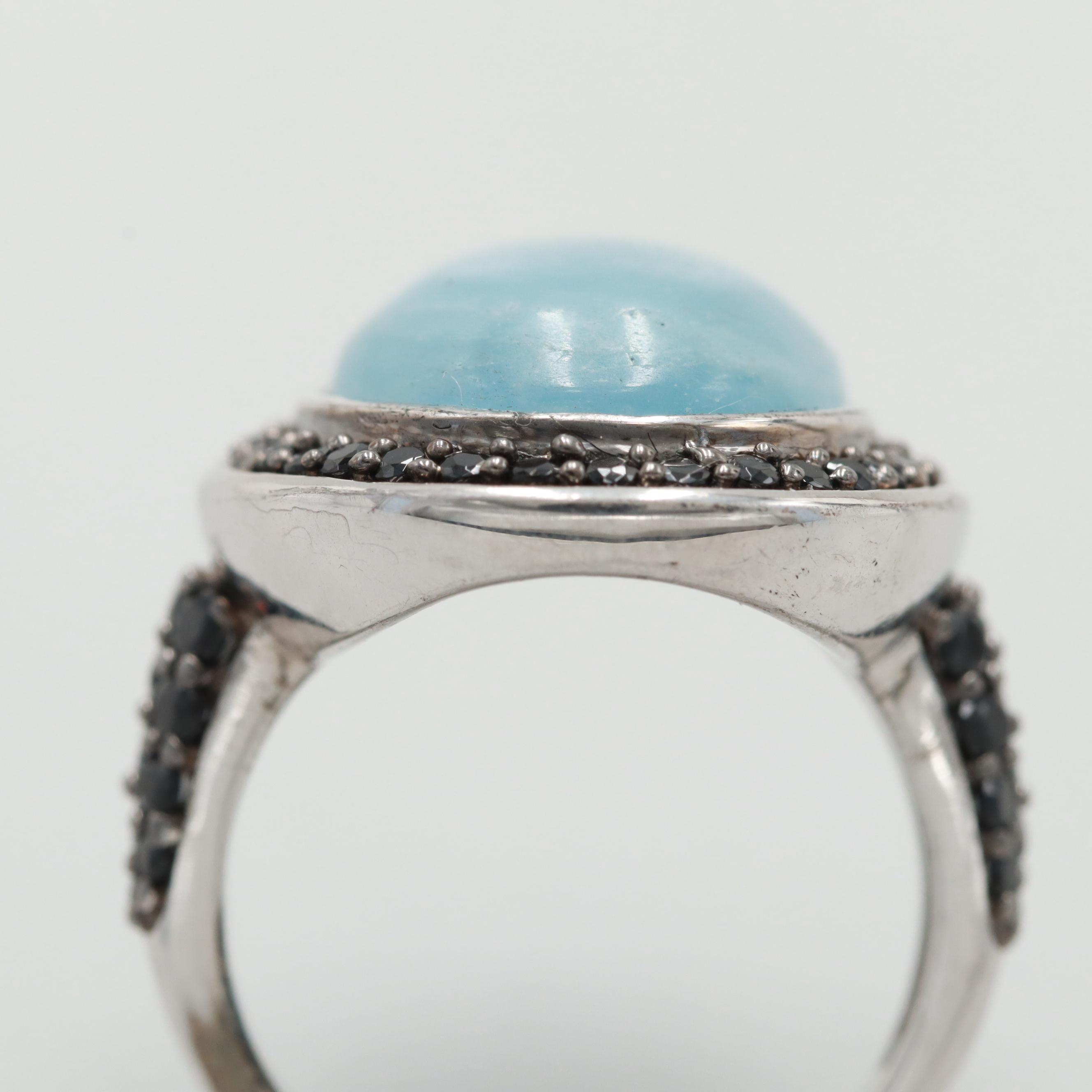 Sterling Silver Blue Beryl and Black Spinel Ring